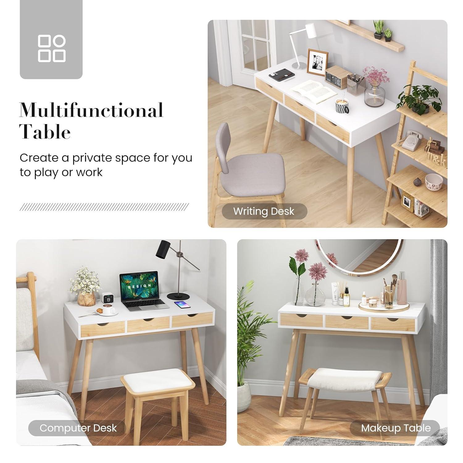 Canddidliike Computer Desk with 3 Drawers and Solid Rubber Wood Legs for Home Office, Gaming Desk, Gaming Computer Desks for Study,Working,Writing