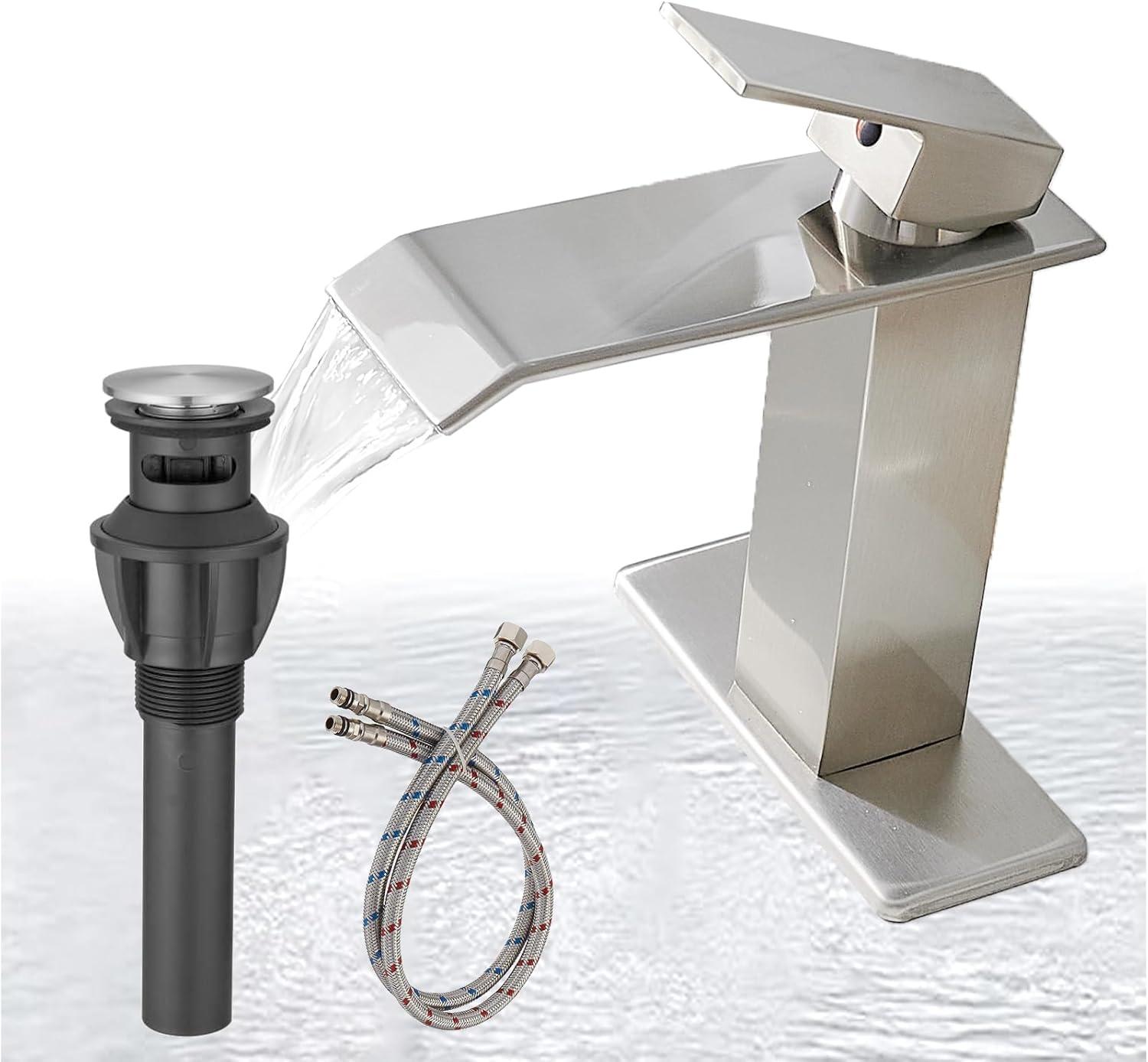 Brushed Nickel Square Waterfall Bathroom Faucet with Deck Plate