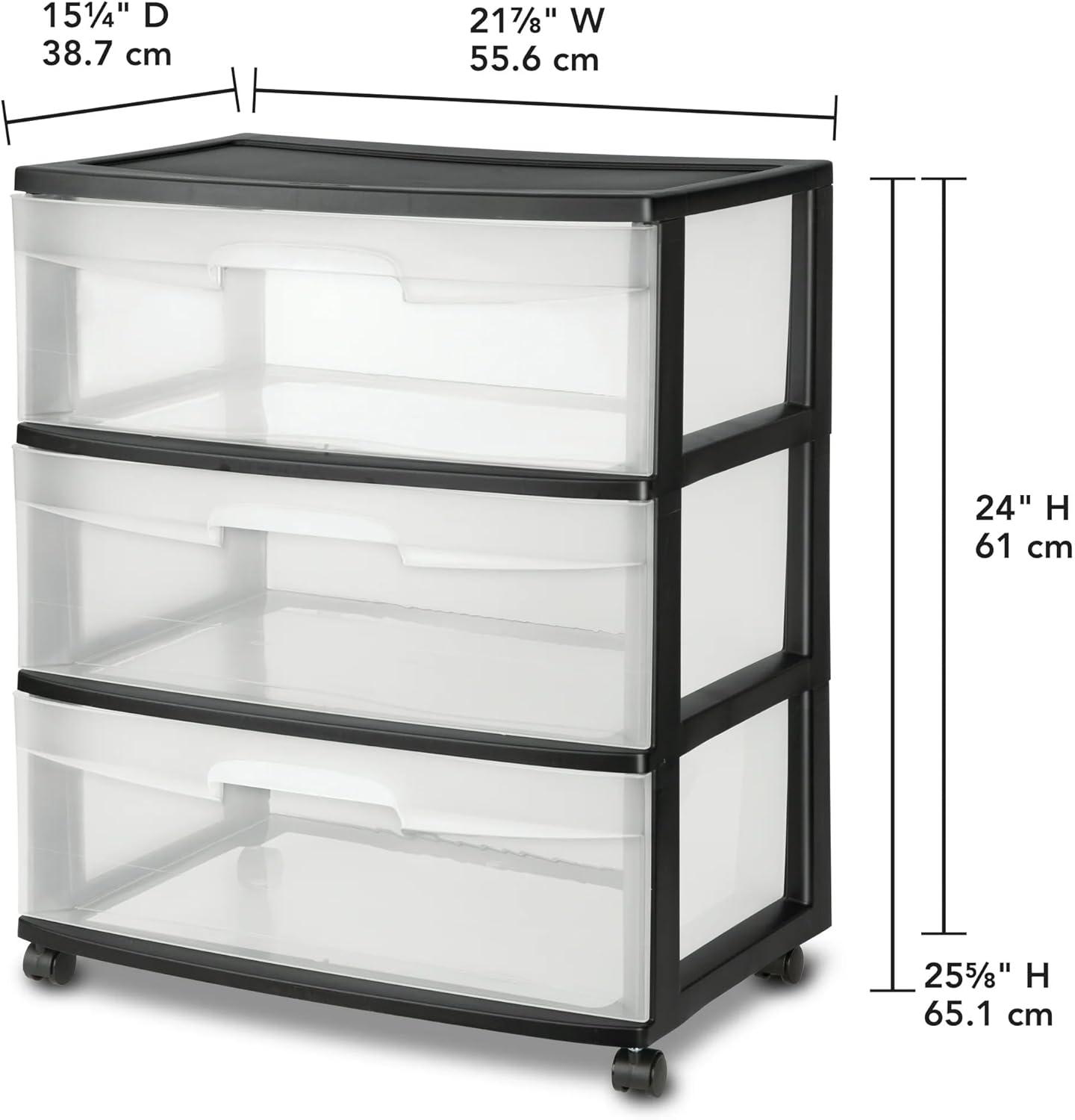 Sterilite Storage Drawer, 3 Drawer Wide Plastic Storage Cart with Clear Pull Out Drawers, Black
