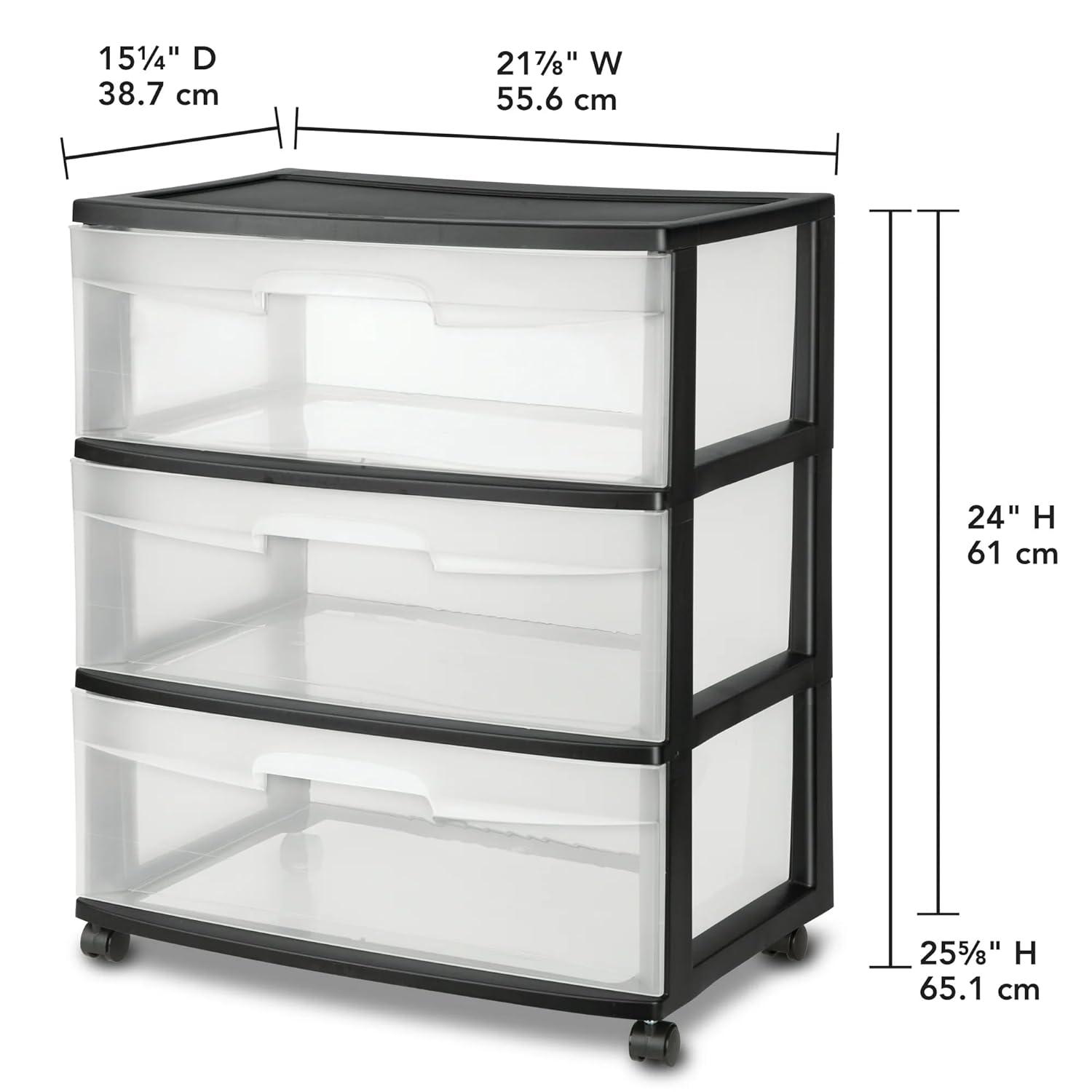 Sterilite Storage Drawer, 3 Drawer Wide Plastic Storage Cart with Clear Pull Out Drawers, Black