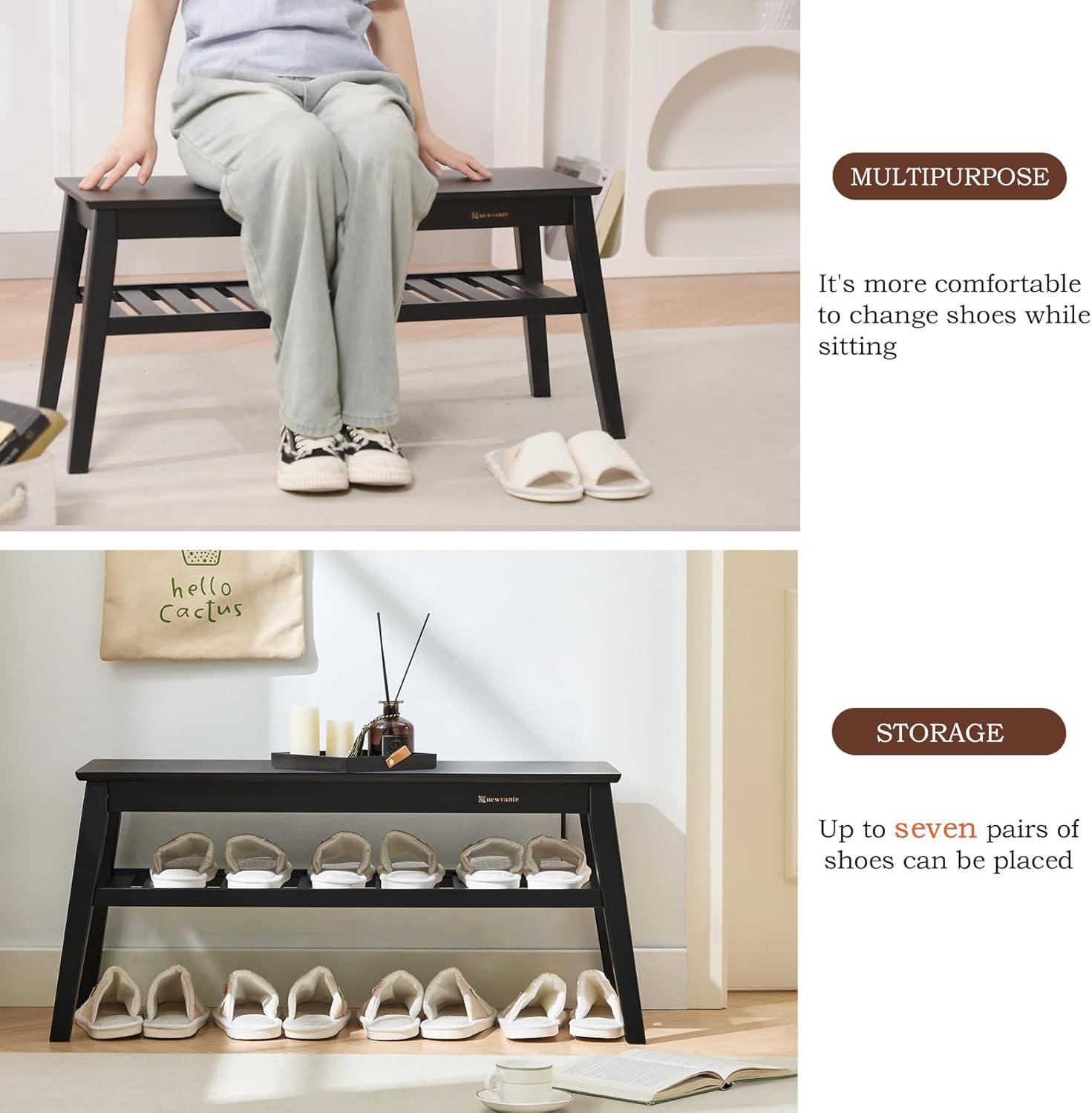 Nnewvante Bamboo Entryway Bench, 33.46" End of Bed Bench, 2 Tier Black Bench for Bedroom, Indoor Bench for Living Room, Dining Room, Hallway, Holds up to 300lbs