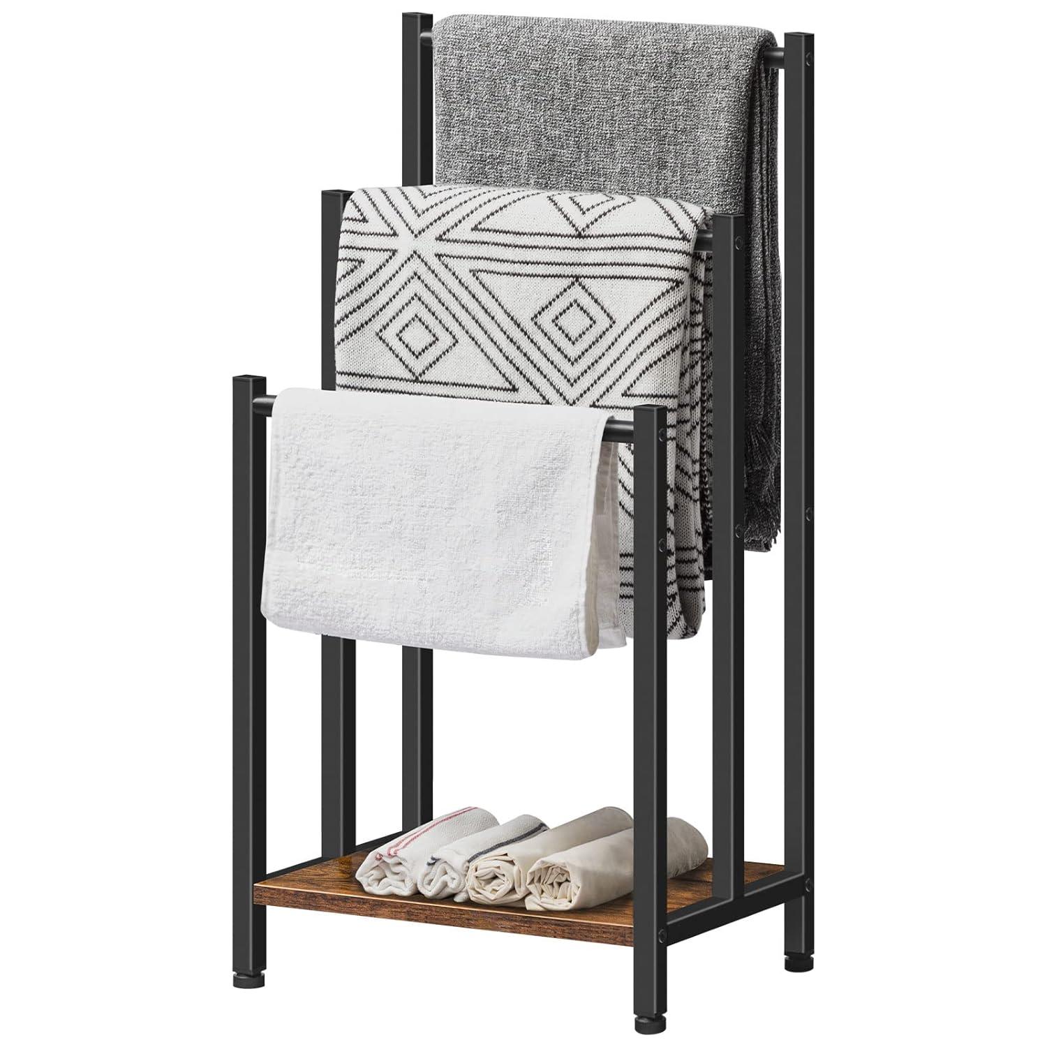 HOOBRO Free Standing Towel Rack, 3 Tier Blanket Rack, Blanket Holder for Bathroom, 16.9" L x 11" W x 31.9" H, Industrial Metal Drying and Display Rack with Shelf, Rustic Brown and Black BF03LB01