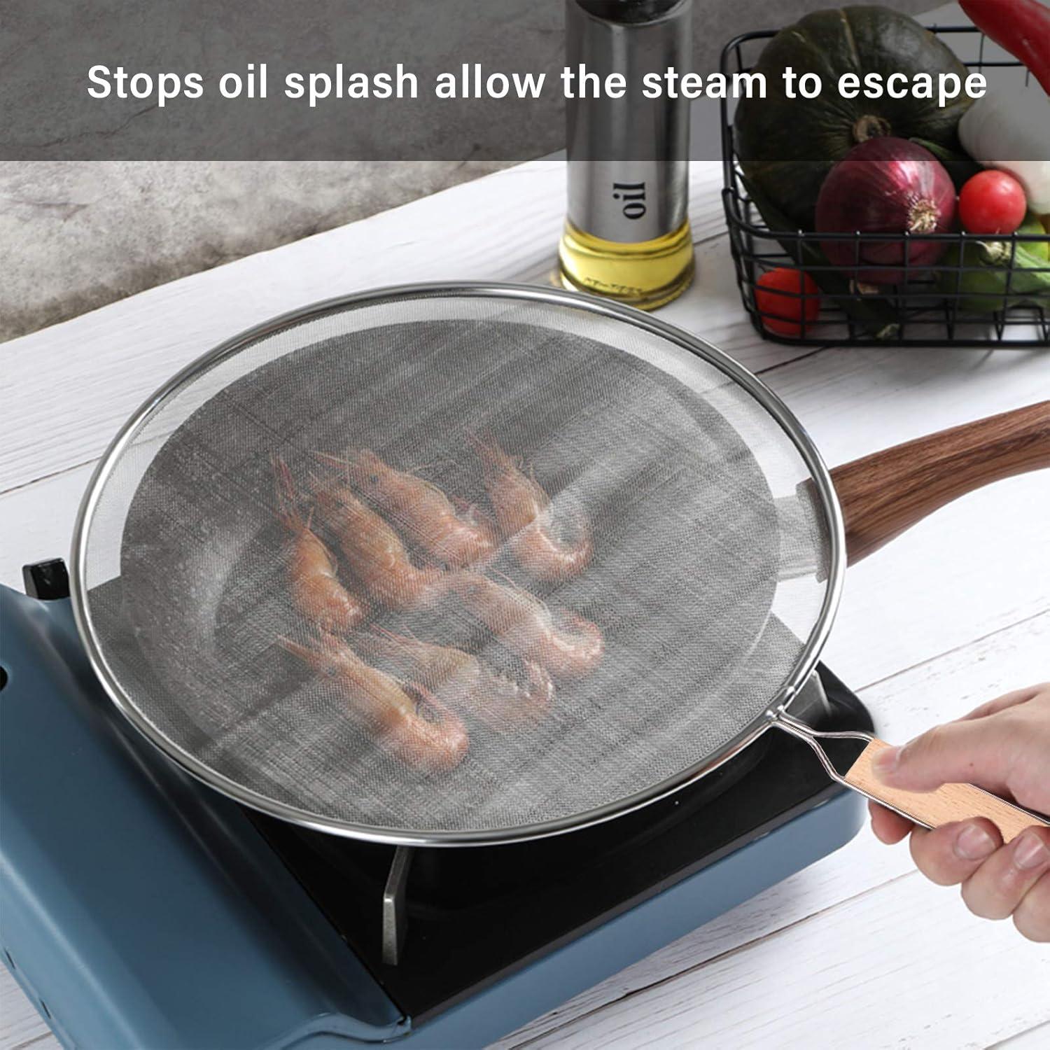 3 Pieces Grease Splatter Screen for Frying Pan, Splatter Guard Mesh Stainless Steel Grease Guard Shield for Kitchen Frying Pan Cooking Supplies Set of 9.44", 10.8" and 12.5" inch (Wood Handle)