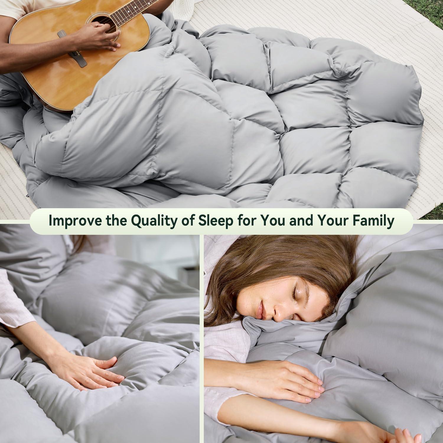 WarmKiss Queen Size Goose Feather Down Comforter – Ultra-Soft 100% Cotton Cover, Moisture-Wicking, Natural Kapok Fill, 46oz Medium Warmth, All-Season Fluffy Duvet Insert (90x90, Grey)