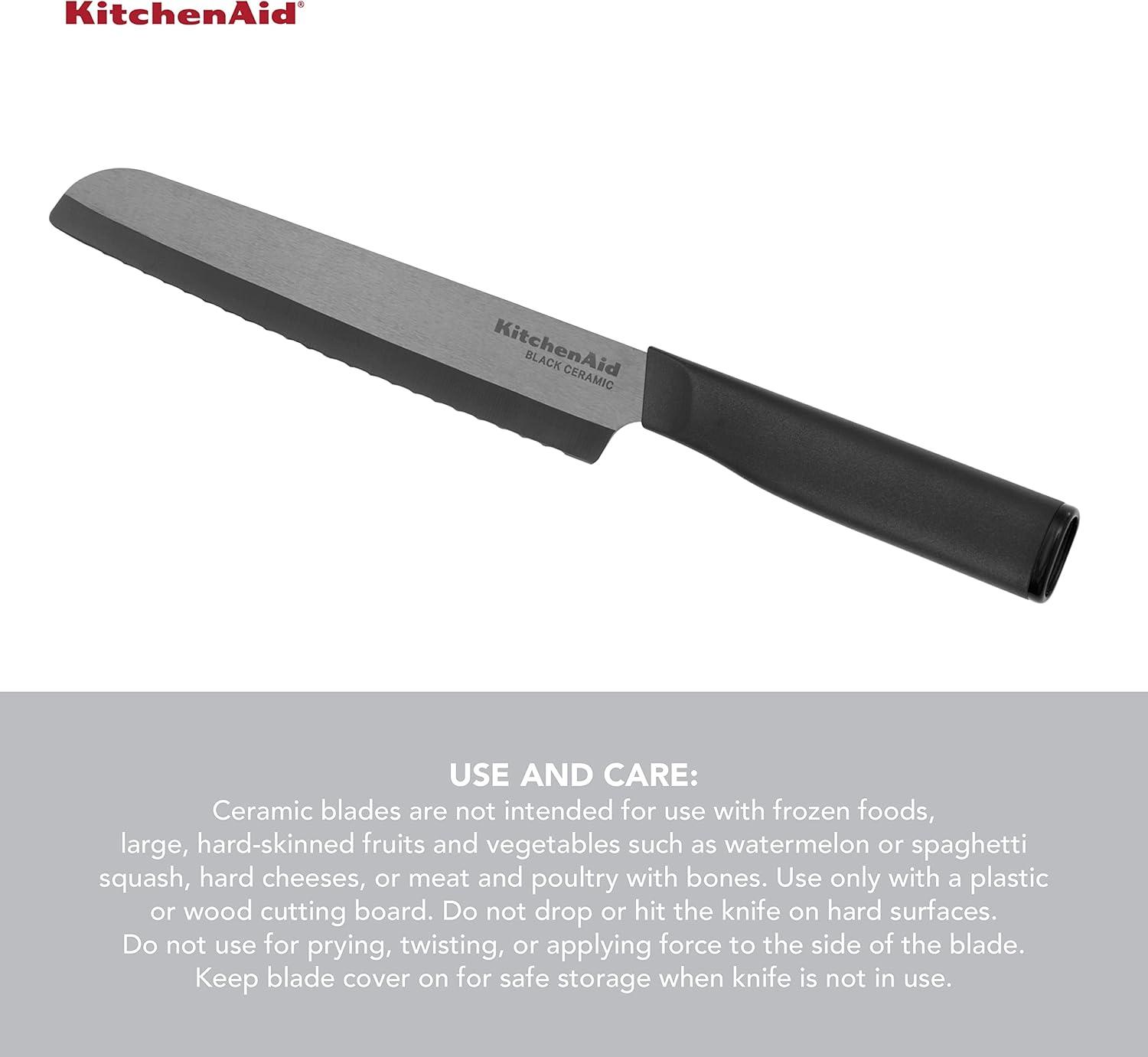 Kitchenaid Classic Ceramic Serrated Bread Knife with Endcap and Blade Cover, 6-inch, Black