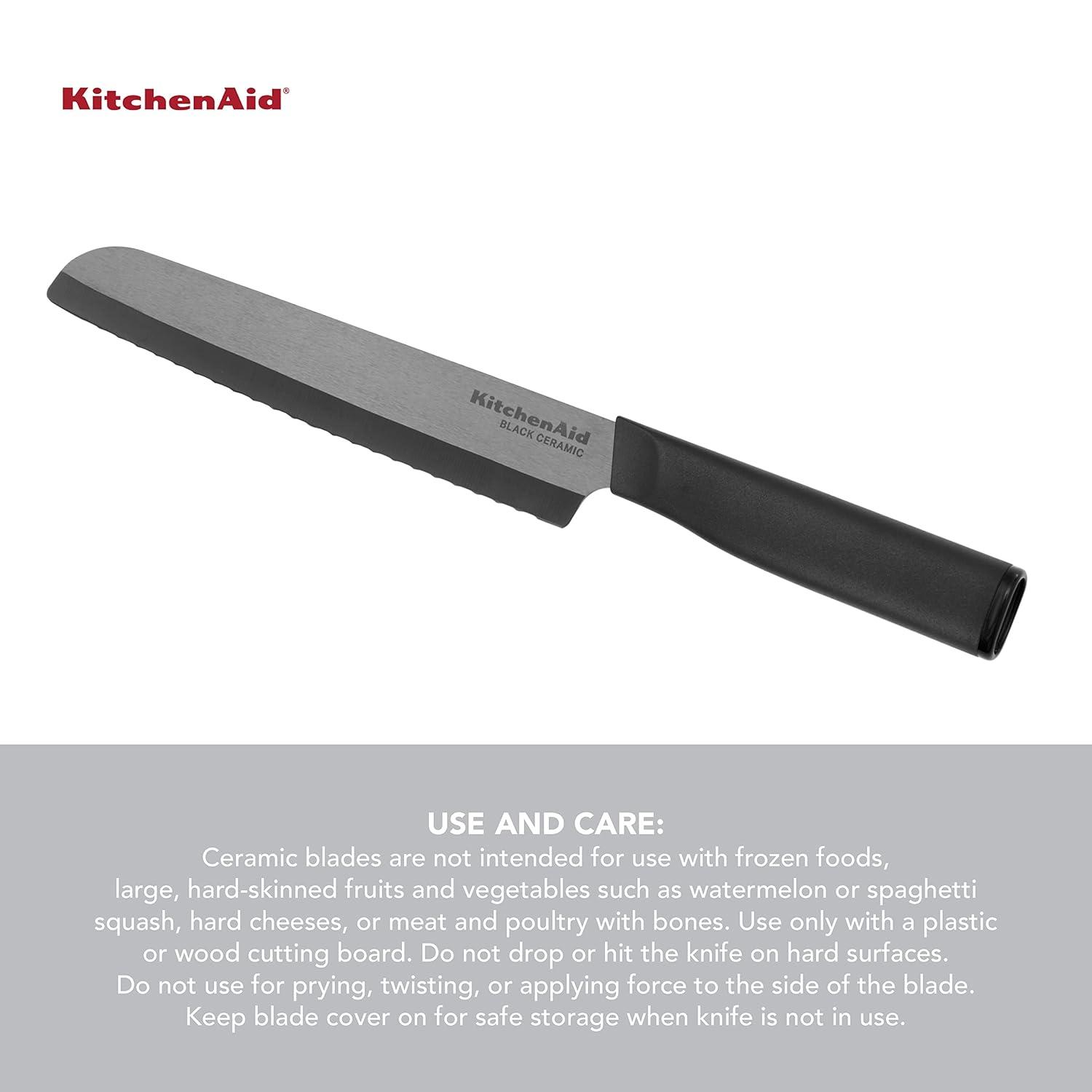 Kitchenaid Classic Ceramic Serrated Bread Knife with Endcap and Blade Cover, 6-inch, Black