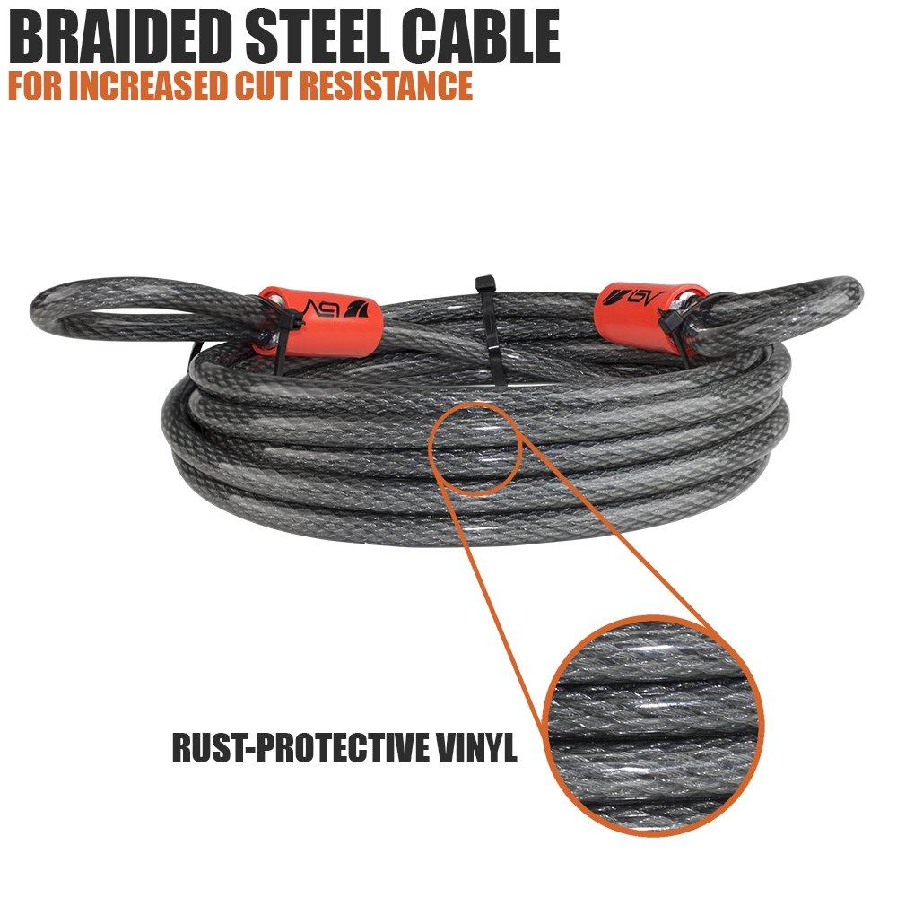 BV Heavy-Duty 30FT Security Cable with Loops - 10mm (3/8 Inch) Cut-Resistant Braided Steel Cable - Versatile & Weatherproof - Security Chain for Padlock, Chain Lock, Wire Lock