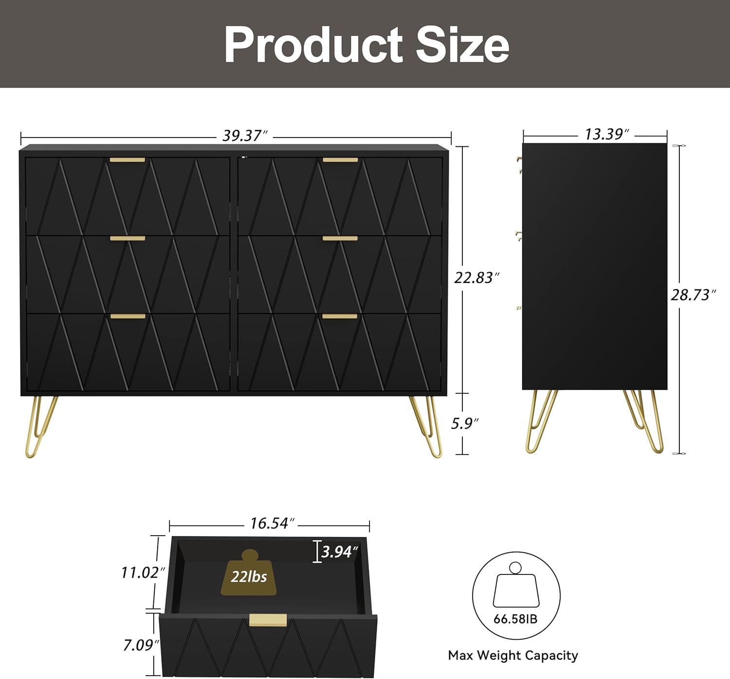 UEV Black 6 Drawer Dresser, Modern Dresser Chest with Wide Drawers and Metal Handles, Wood Storage Chest of Drawers for Bedroom,Hallway,Entryway