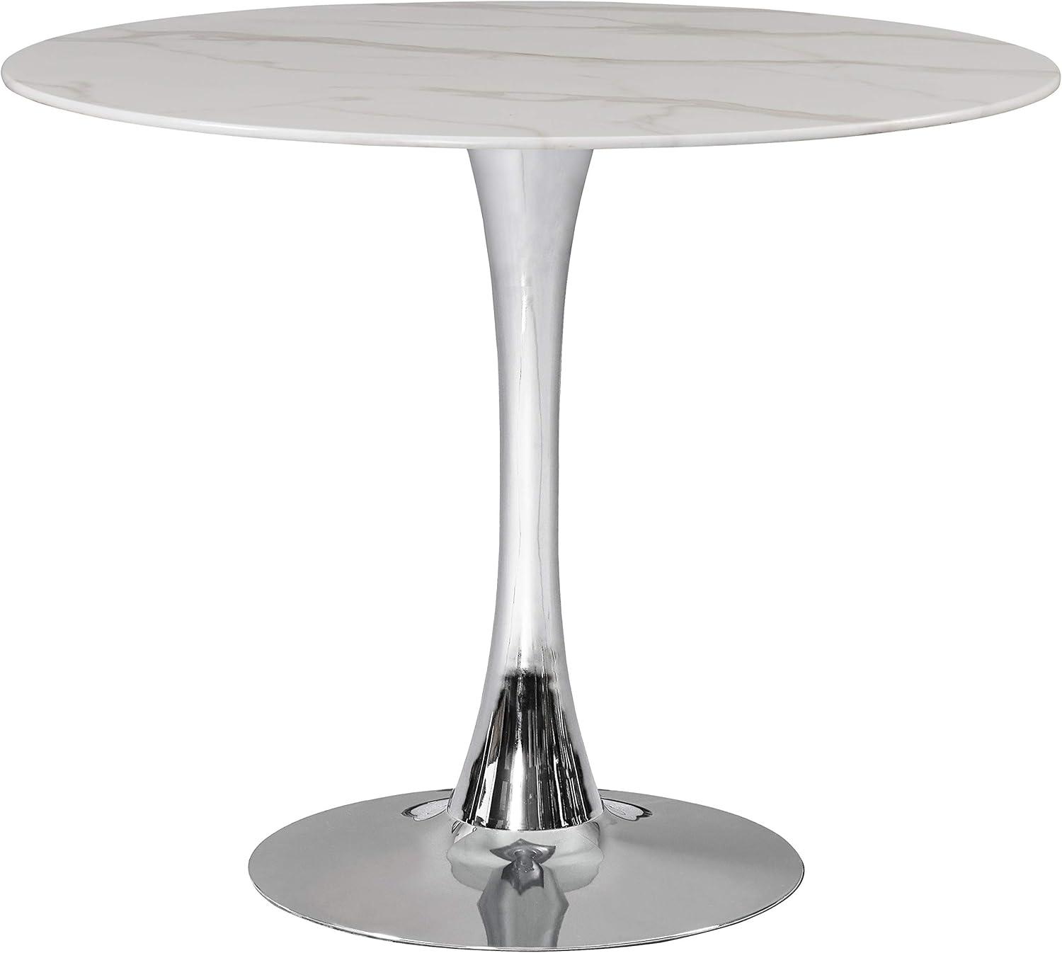 36" Round White Faux Marble Dining Table with Chrome Pedestal Base