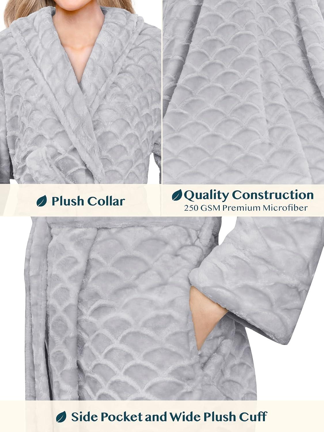 PAVILIA Short Robes for Women, Plush Soft Bathrobe Womens Lightweight, Fluffy Fuzzy Robe Knee Length, Shower Spa (Light Grey, Small-Medium)