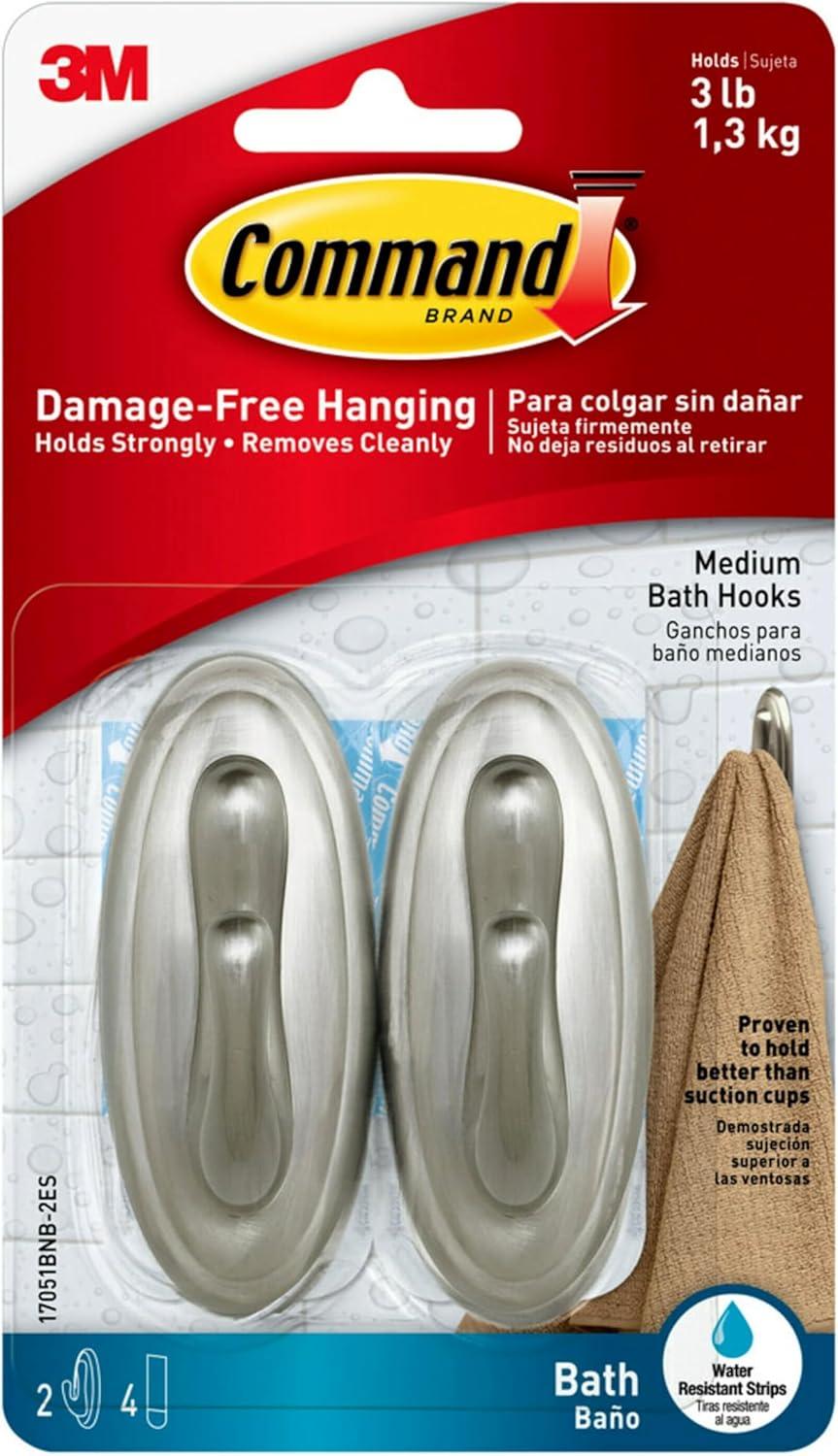 Command 2 Hooks 4 Strips Medium Sized Traditional Hooks with Water Resistant Strips Nickel: Bathroom Towel & Curtain Rod Hooks