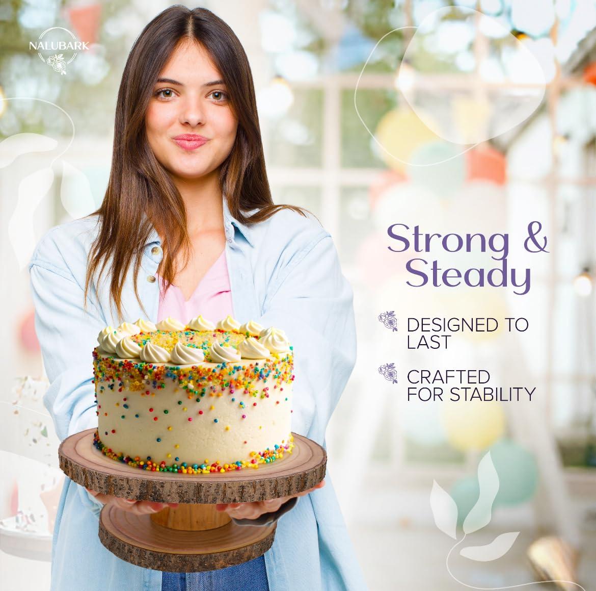 Wooden Cake Stand Rustic, 10-11 inch Multifunctional 2-in-1 Wedding Rustic Cake Stand, Wood Display Tray for Appetizers, Desserts, Charcuterie Board, Farmhouse Tree Stump Style, Sturdy, Easy to Clean