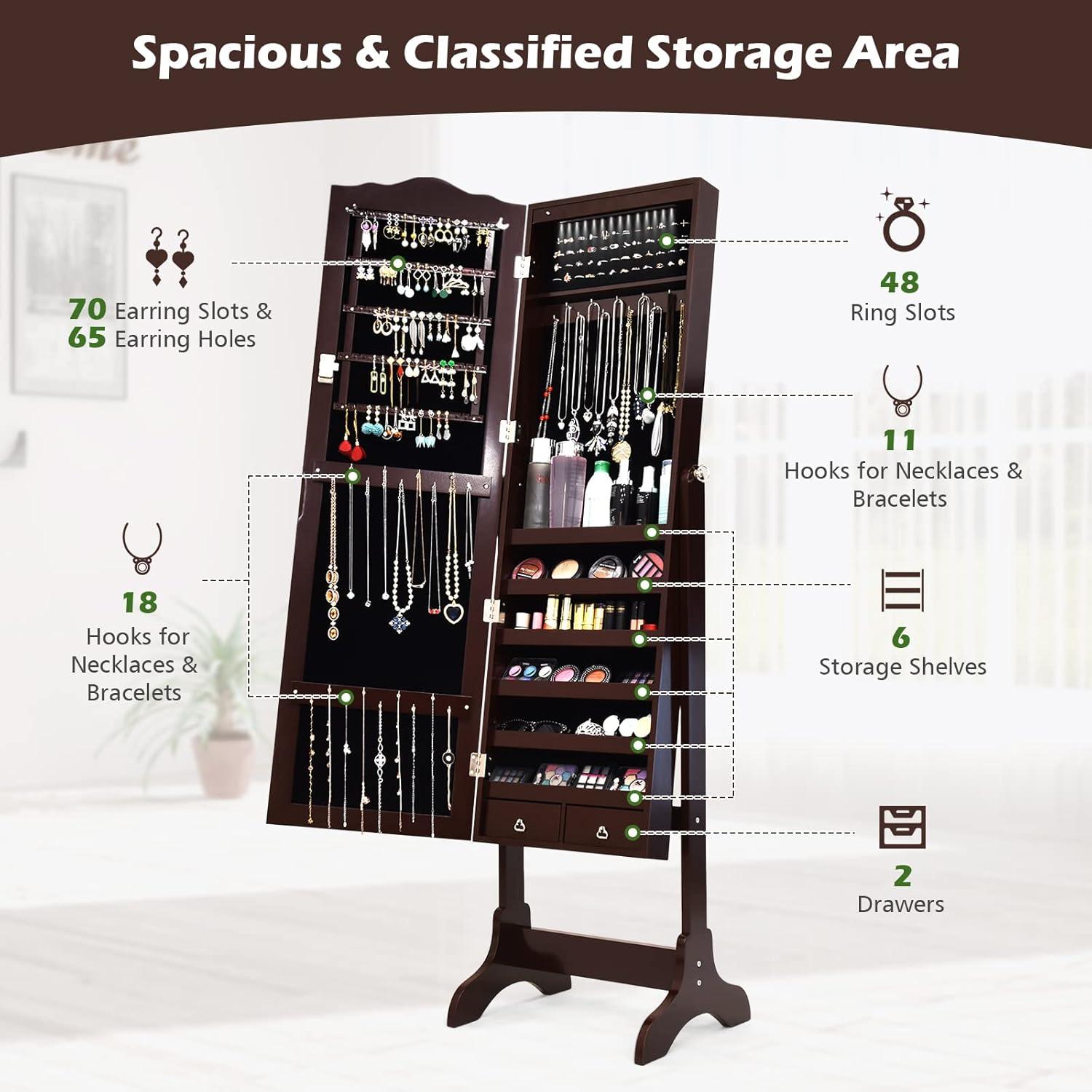 Costway Jewelry Mirrored Cabinet Armoire Organizer Storage Box with Stand Christmas Gift Coffee