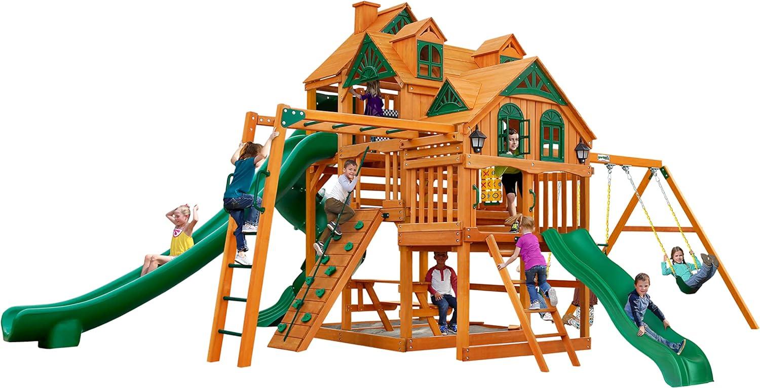 Gorilla Playsets Empire Wooden Swing Set with 2 Solar Wall Lights, Monkey Bars, and 3 Slides