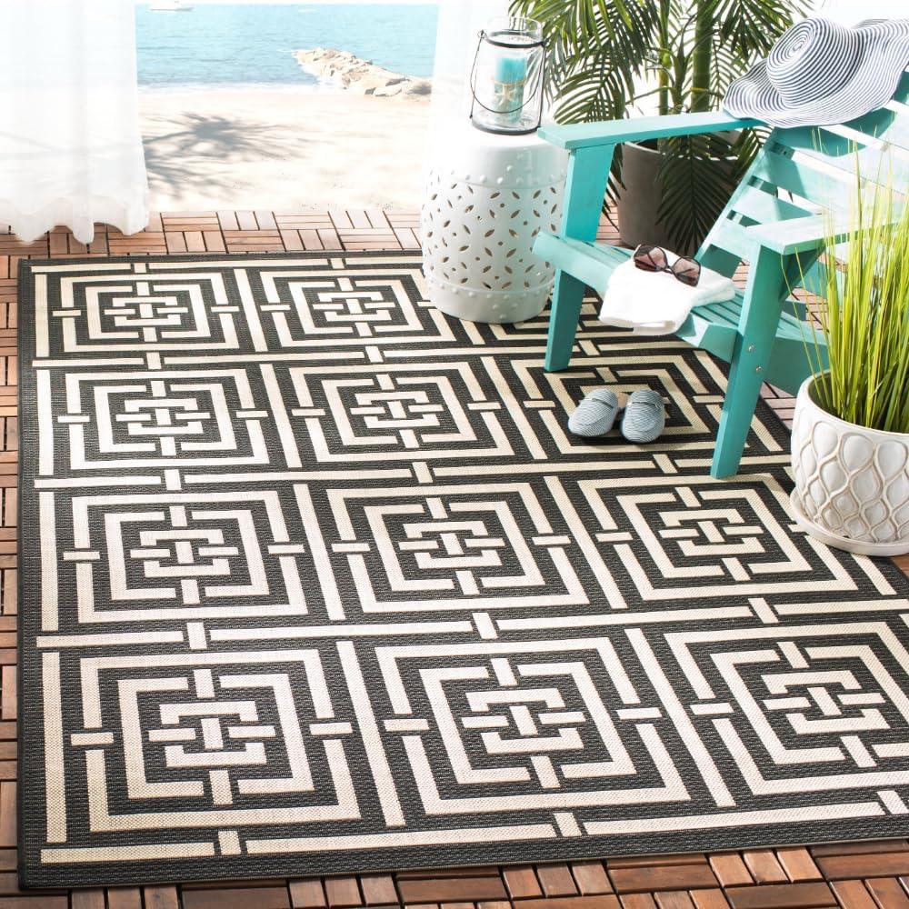 Courtyard CY6937 Power Loomed Indoor and Outdoor Area Rug - Black/Bone - 4'x5'7" - Safavieh