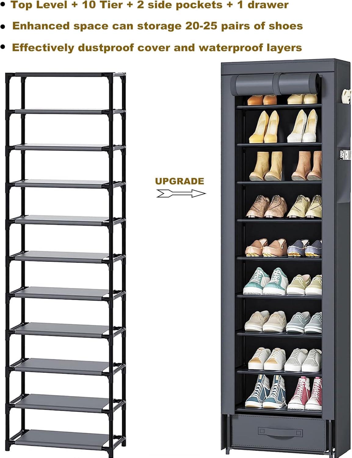 Shoes Rack 10 Tier Tall Narrow Shoe Rack with Bin Covered Shoe Shelf Storage Organizer Closet Stackable Shoe Stand