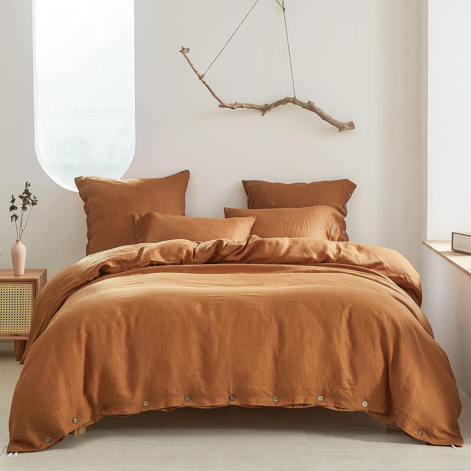 Simple&Opulence 100% Linen Duvet Cover Set with Washed-French Flax-2 Pieces Solid Color Basic Style Bedding Set-Breathable Soft Comforter Cover with 1 Pillowsham(Twin,Linen)