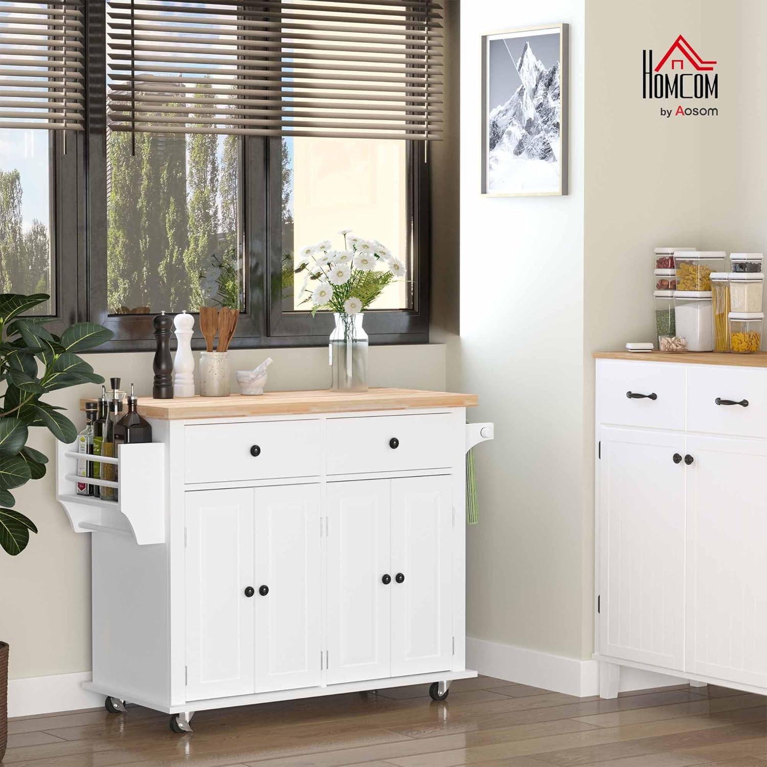 HOMCOM Kitchen Island on Wheels, Rolling Cart with Rubber Wood Top, Spice Rack, Towel Rack & Drawers for Dining Room, White
