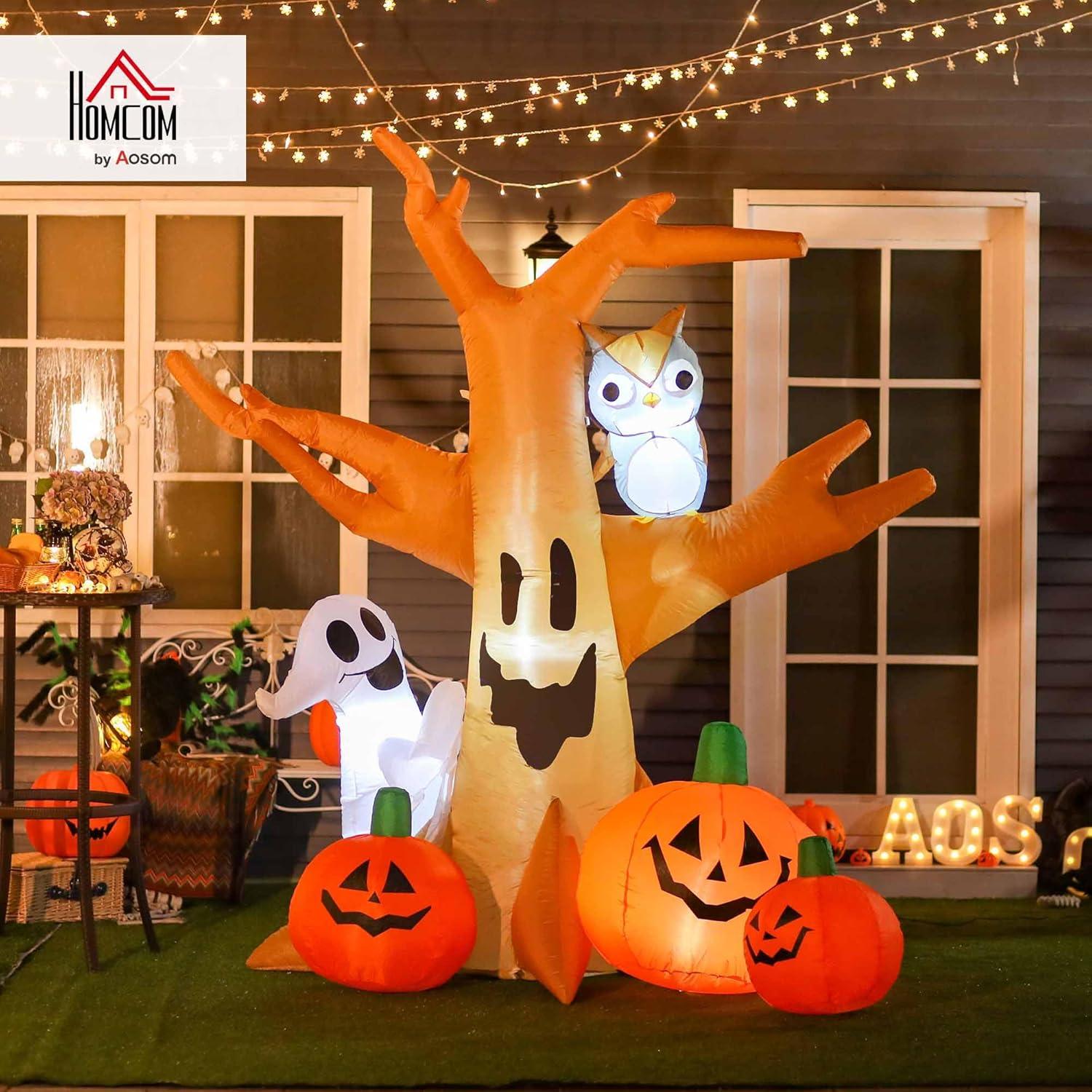HOMCOM 7.5' Tall Lighted Inflatable Cute Halloween Decoration, Haunted Tree With Owl, Ghost, Pumpkins, Blow Up Outdoor LED Yard Display, Waterproof