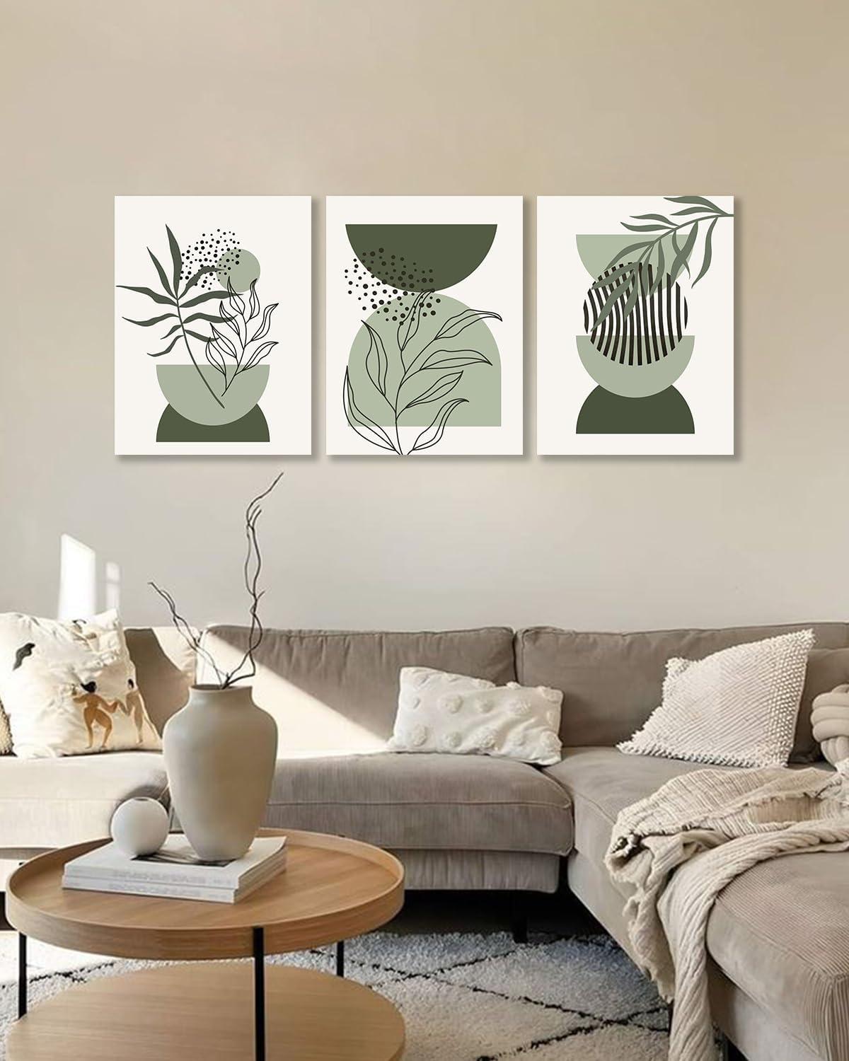 Sage Green Boho Wall Art Set of 3, Minimalist Framed Wall Art Geometric Line Leaf Sun Moon Beige Green Canvas Artwork Paintings, Abstract Botanical Boho Room Decor, Sage Green Wall Posters 12"x16"