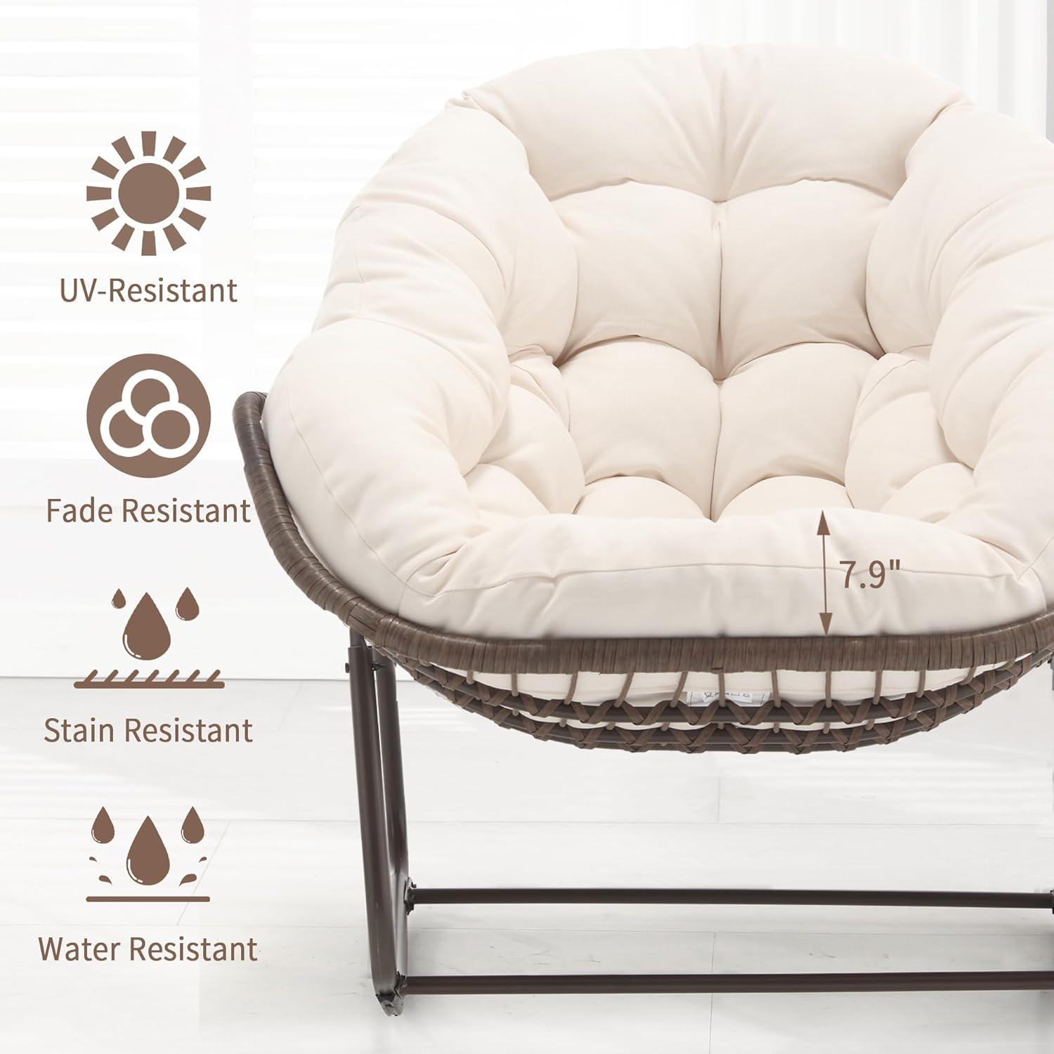 Outdoor Papasan Rocking Chair - Oversized Comfy Patio Chair Set of 2 Indoor Egg Royal Double Rattan Rocking Chair with Cushion for Front Porch Lounge Lawn Bedroom (Cream)