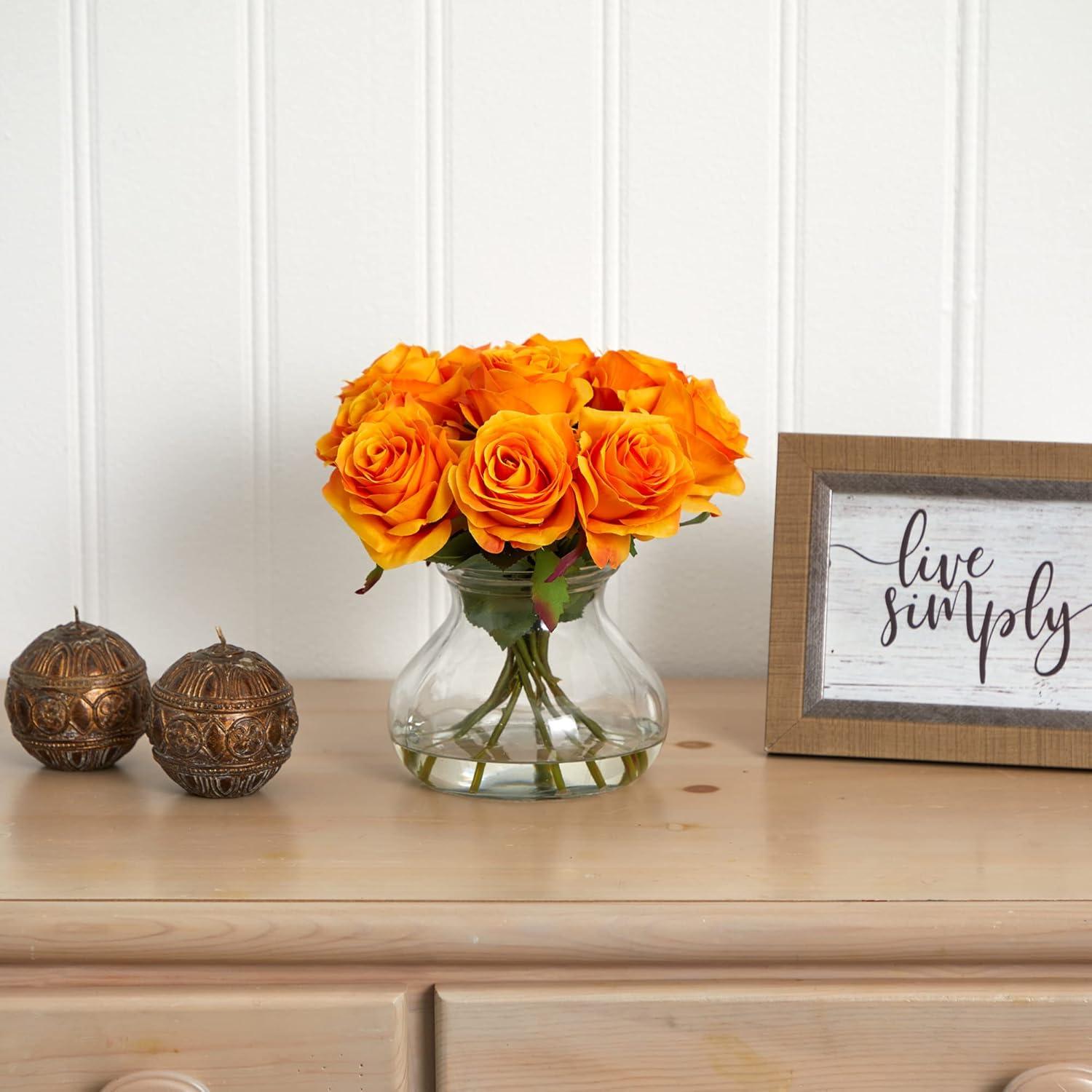 Nearly Natural Rose Arrangement with Vase, Orange/Yellow