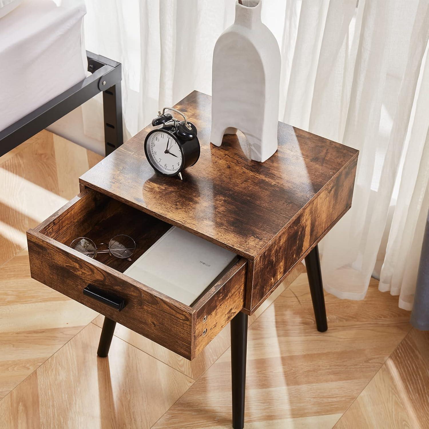 Rustic Brown Wood Nightstand with Drawer and Black Legs