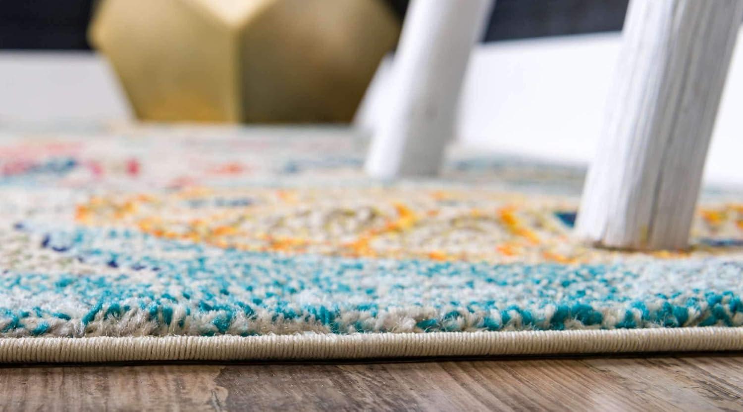 Positano Beige and Blue Synthetic Runner Rug