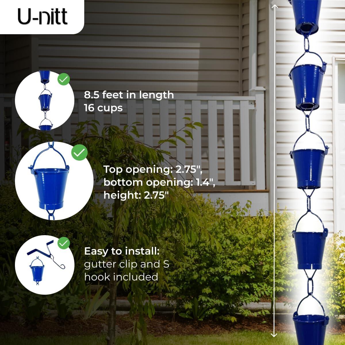 U-nitt Rain Chains, Roof Gutter Downspout Channel, Rainwater Catcher/Diverter, 8.5 FT, Metal, Blue Powder Coated, Farmhouse Bucket, 8146BLU