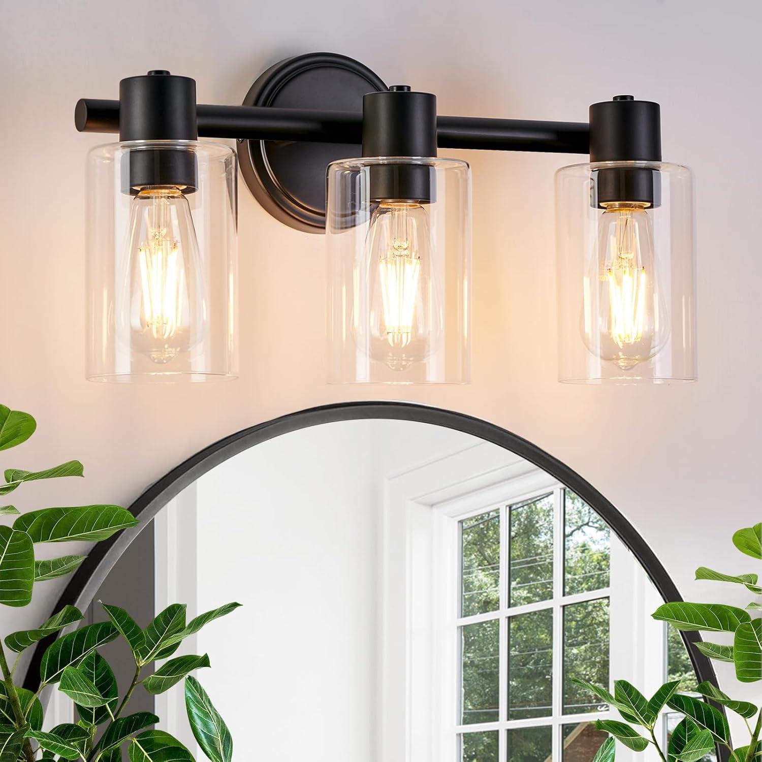 3-Light Bathroom Light Fixtures Bathroom Vanity Lights with Clear Glass Shades Matte Black Bathroom Light Fixtures over mirror for Mirror Living Room Cabinet Bedroom Porch