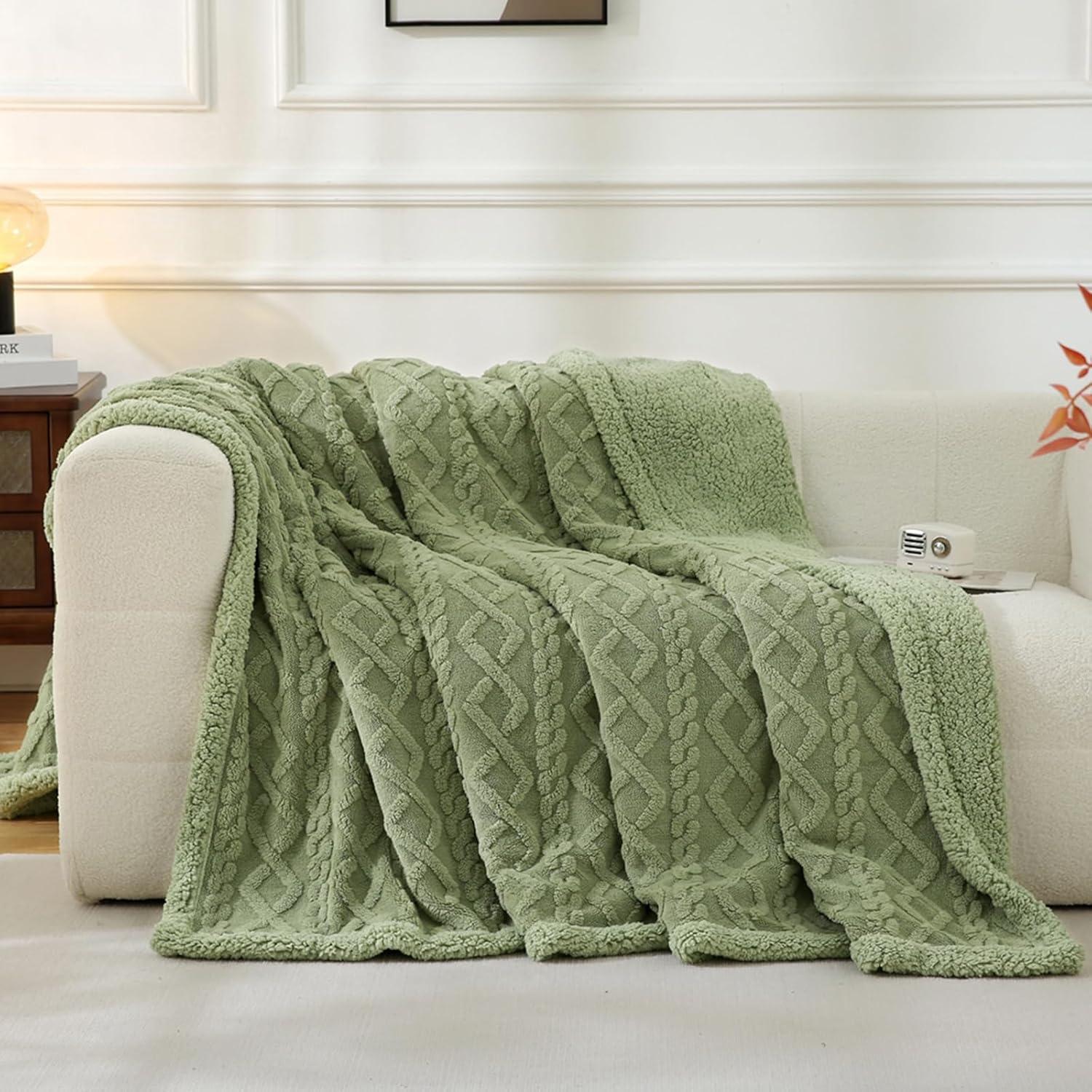 Sage Green Sherpa Fleece Reversible Throw Blanket 80" x 60"