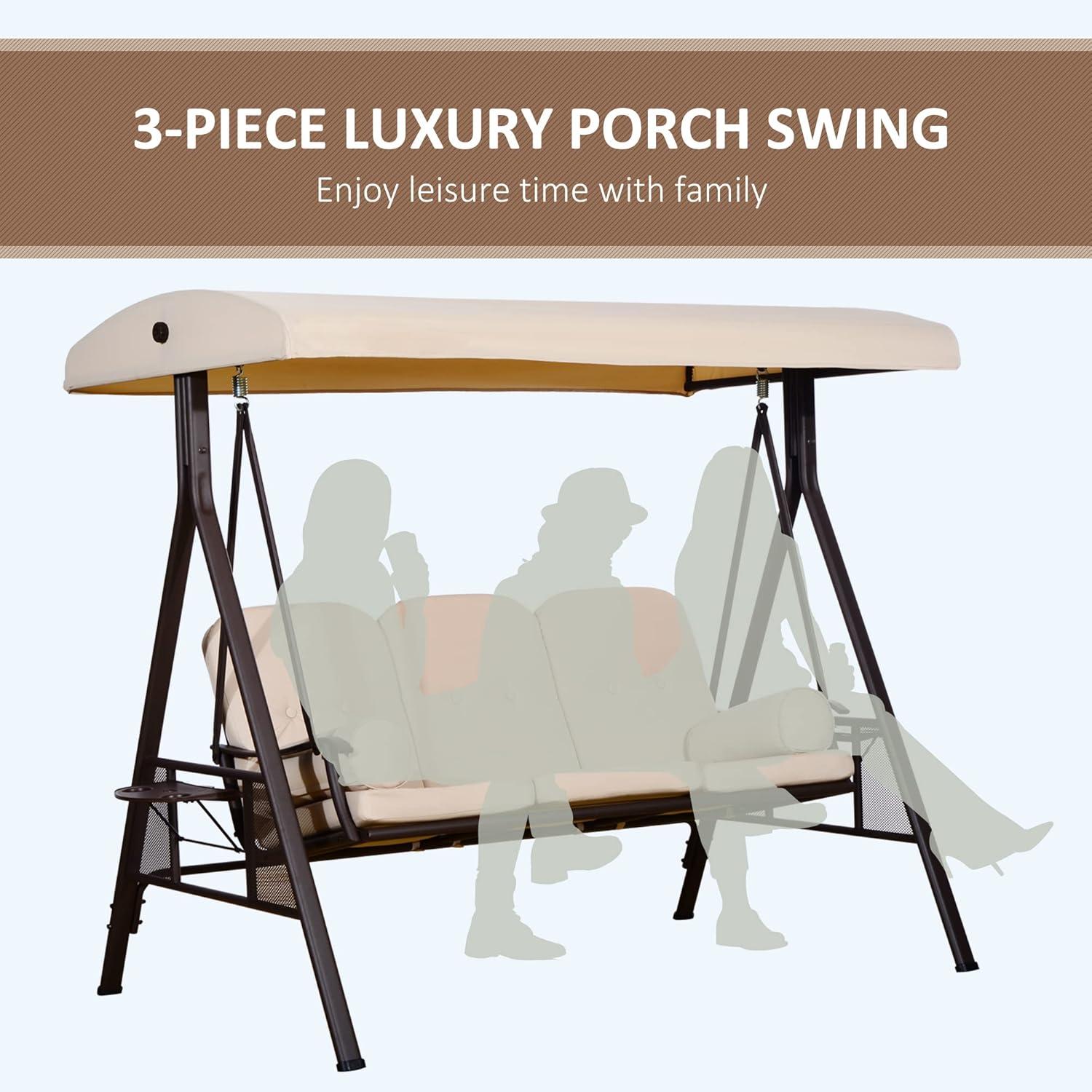 Outsunny 3-Seat Outdoor Patio Swing with Adjustable Tilt Canopy, Cushions, Pillow, Steel Frame, Side Tray, Cup Holder, Beige