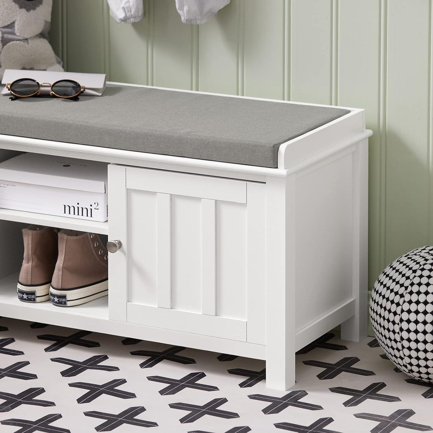 White MDF Storage Bench with Gray Cushion and Adjustable Shelves