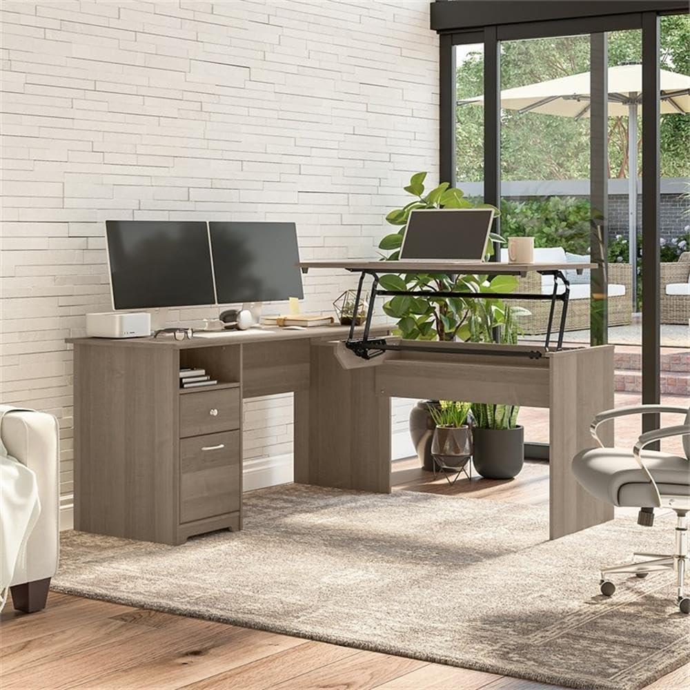 Modern Gray Adjustable Height L-Shaped Home Office Desk with Drawers