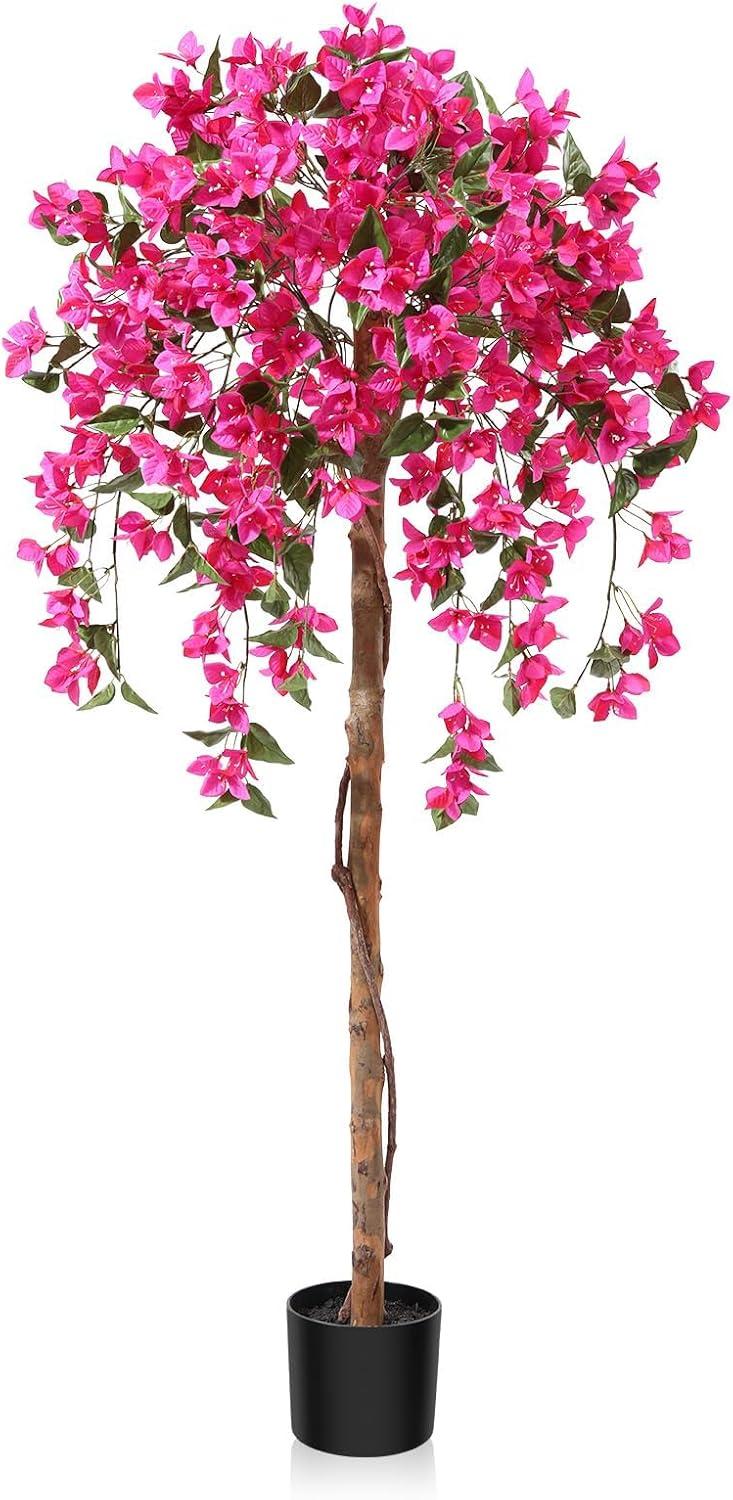 5FT Artificial Bougainvillea Tree Potted Fake Plant with Wood Trunk and Pink Flowers for Indoor Office Wedding Home Decor