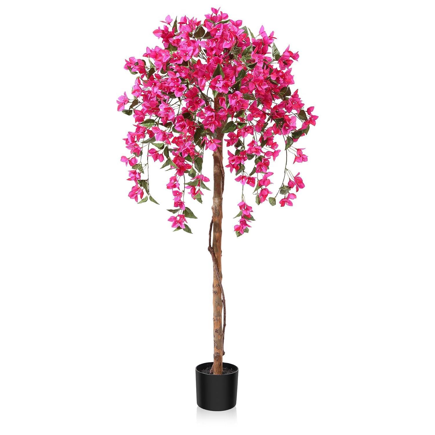 5FT Artificial Bougainvillea Tree Potted Fake Plant with Wood Trunk and Pink Flowers for Indoor Office Wedding Home Decor