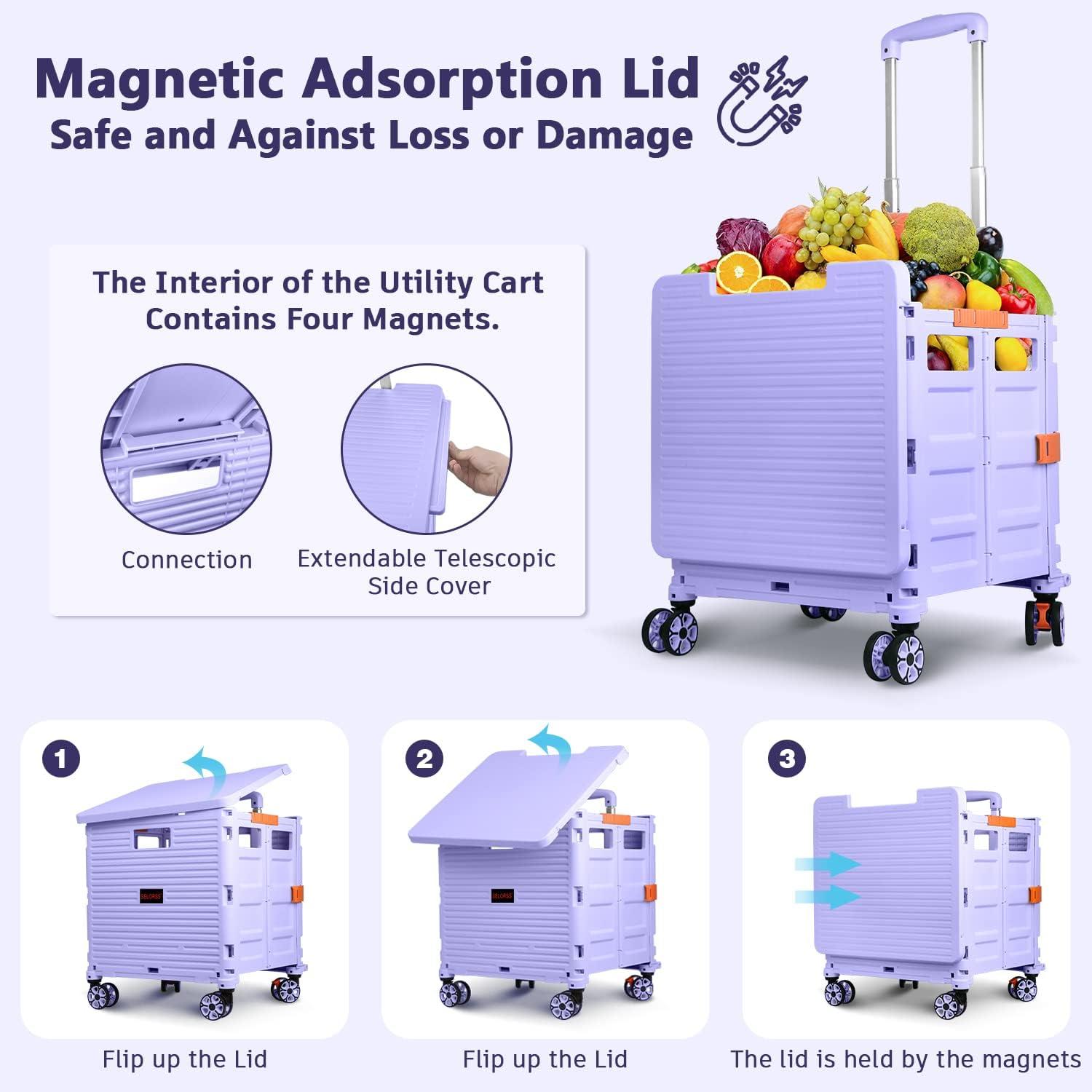 Folding Utility Cart Portable Rolling Crate Handcart with Magnetic Sliding Lid Telescoping Handle Heavy Duty Plastic Box Dolly 360Swivel Wheels for Travel Shopping Move Office Use(Purple Pro)