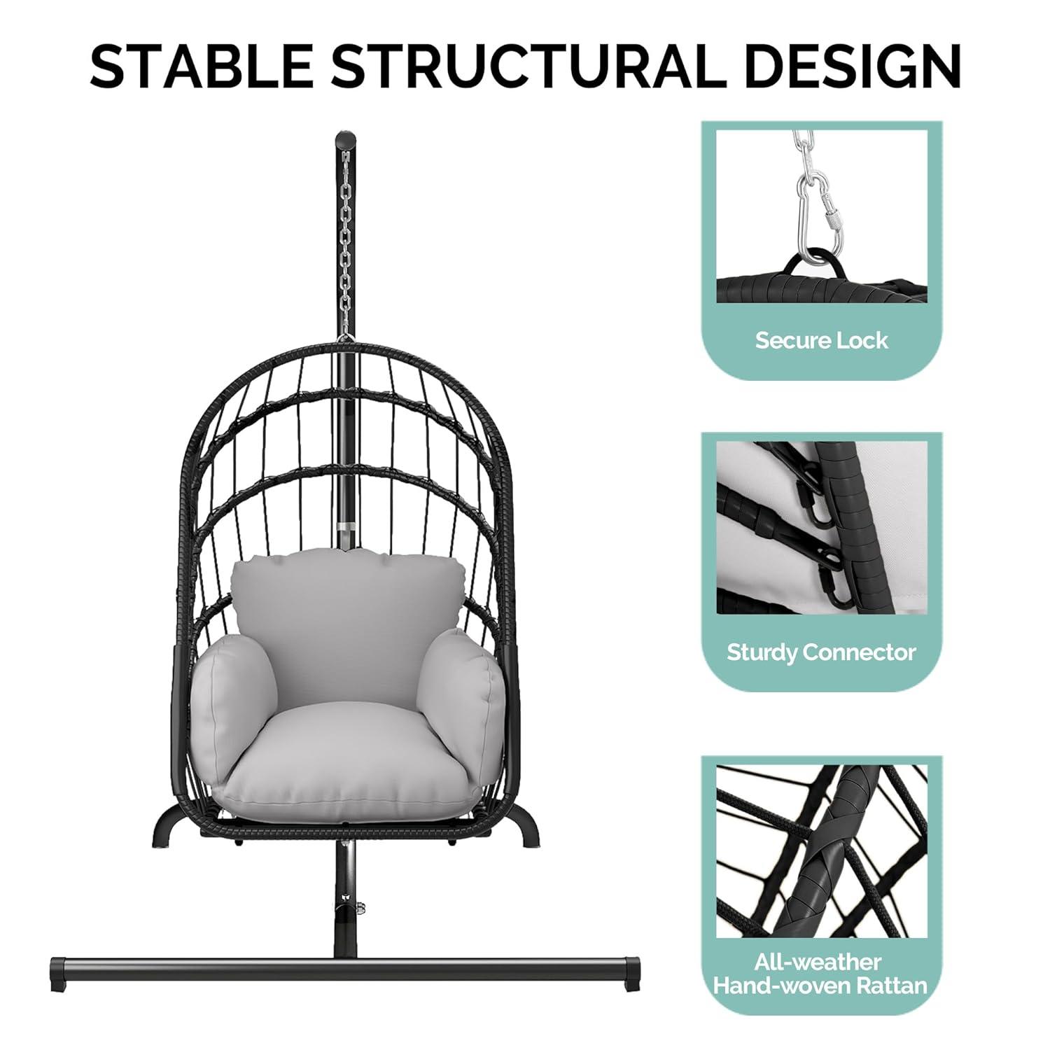 YITAHOME Hanging Egg Chair with Stand, Rattan Wicker Swing Egg Chair with Resistant Cushion, 370lbs Capacity, Foldable Hanging Basket Chair for Porch, Garden, Bedroom, Balcony - Grey
