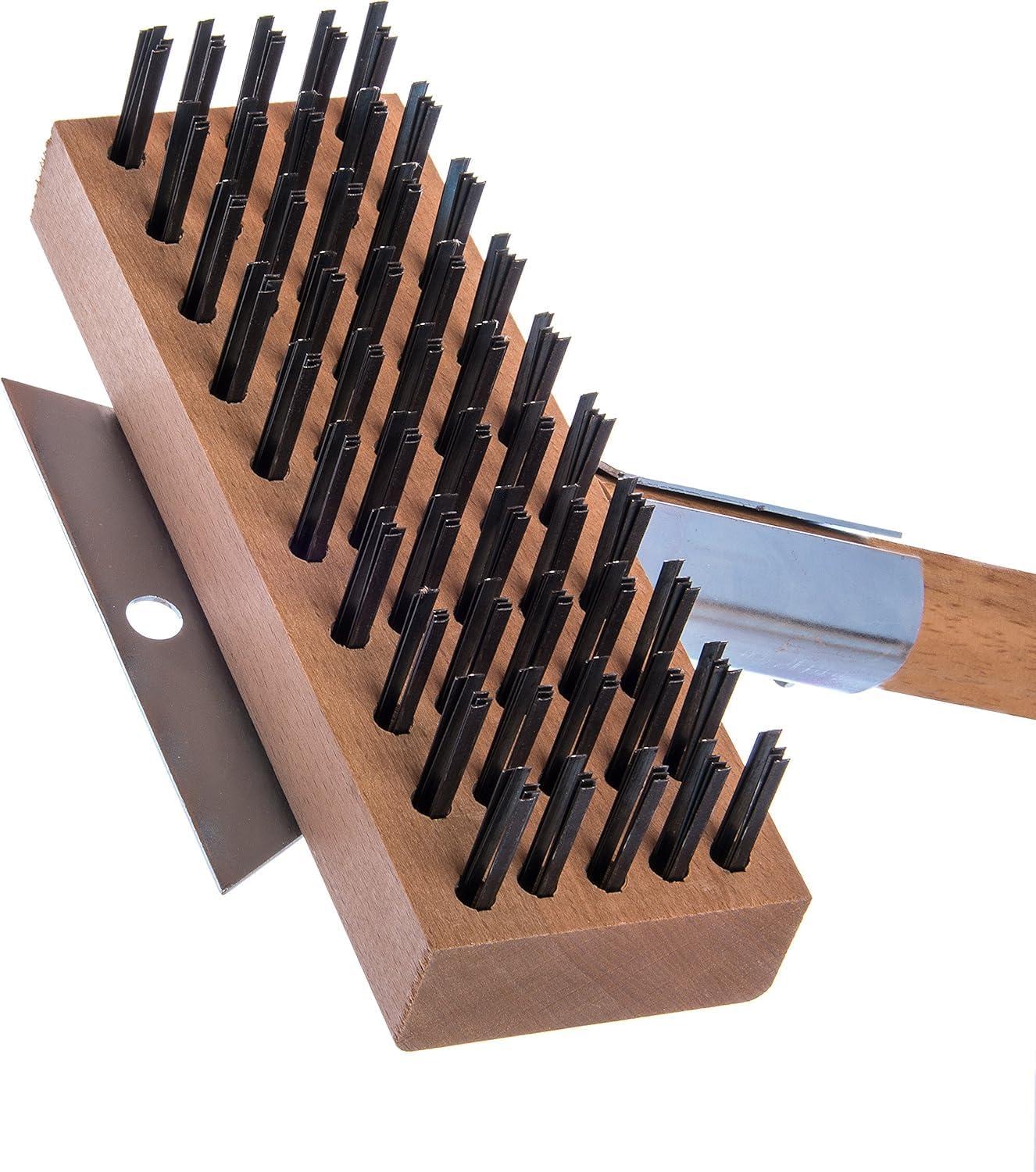 Carlisle Sparta Broiler Master Grill Brush and Scraper with Handle, Metal Bristles, 30", Natural Wood Handle