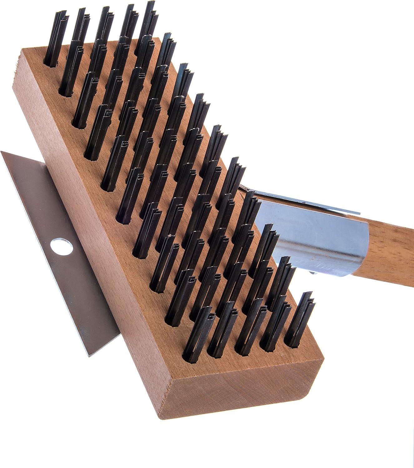 Carlisle Sparta Broiler Master Grill Brush and Scraper with Handle, Metal Bristles, 30", Natural Wood Handle