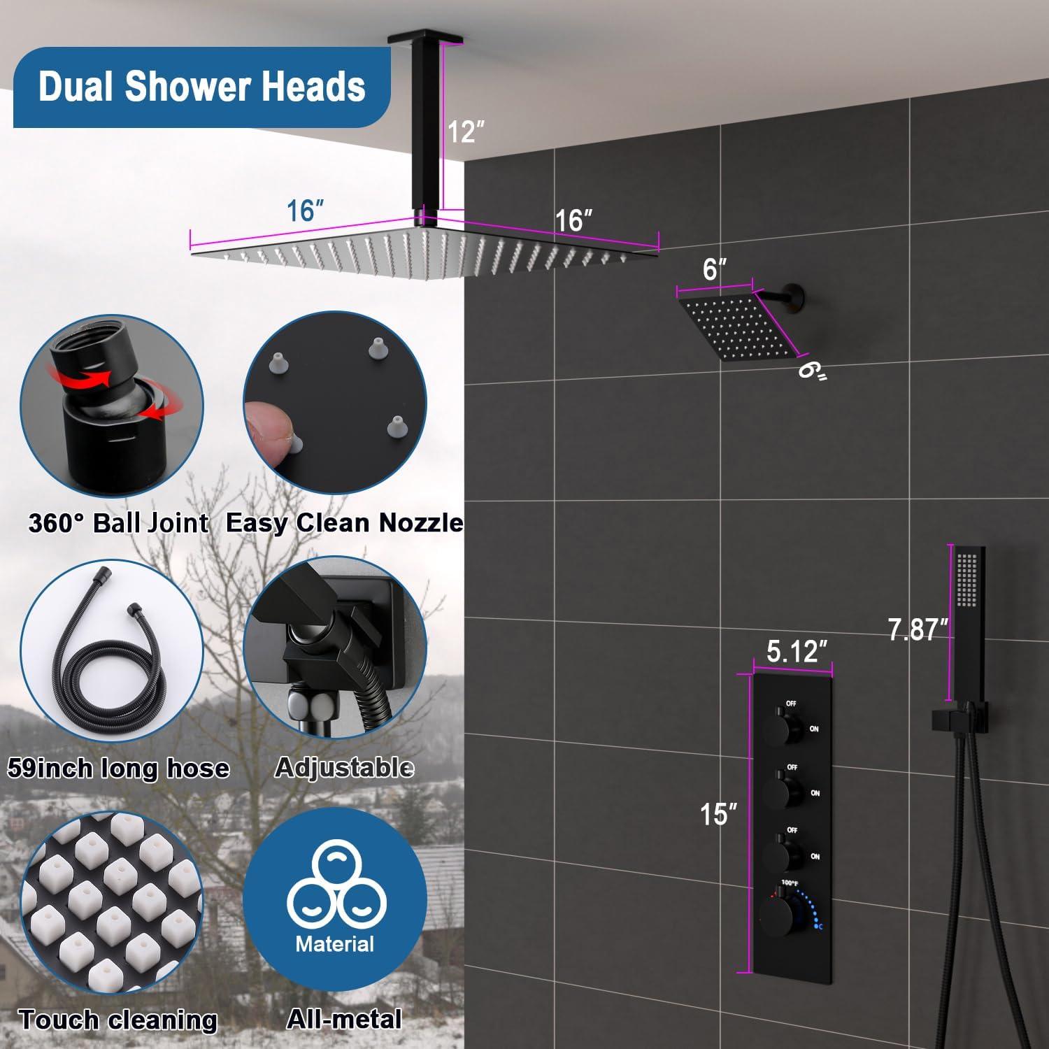 GRANDJOY 16 inch Complete Dual Shower Head System, Celling Mounted Shower Faucet Set with Hand Shower Head, Rough in-Valve, 6 Massage Body Jets - Matte Black