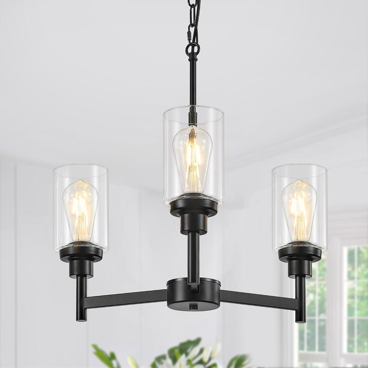 Black Chandelier for Dinning Room Living Room Island Kitchen Chandelier Light Fixtures Over Table, 3 Light Farmhouse Chandelier with Cylinder Clear Glass, Height Adjustable