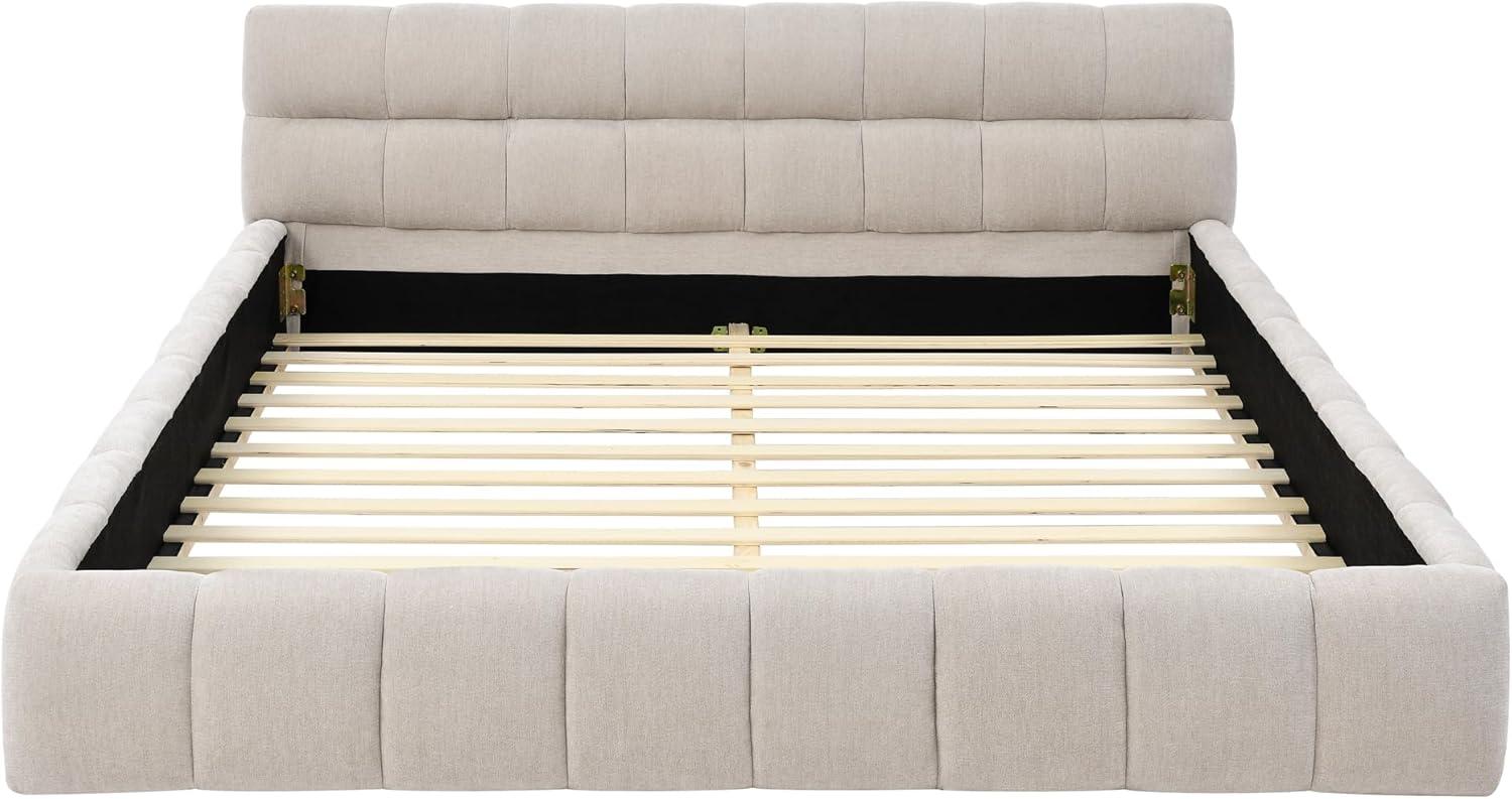 Kumix Queen Size Platform Bed, Upholstered Platform Bed with Thick Fabric, Chenille Fabric Grounded for Kids Teens Adults, Queen Platform Bed Frame with Headboard and Solid Frame, Beige