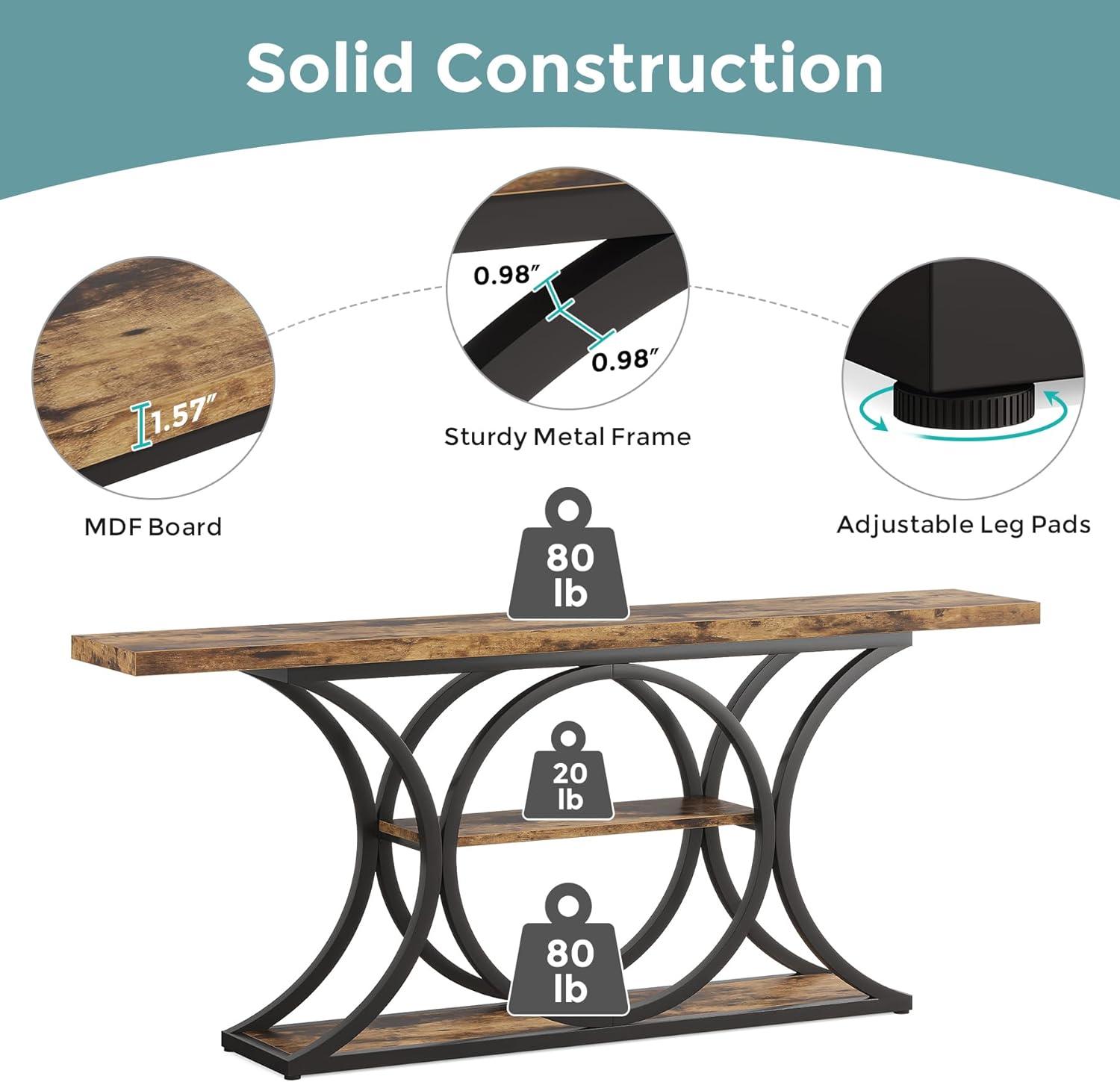 63 Inch Rustic Brown and Black Wood Metal Console Table with Storage