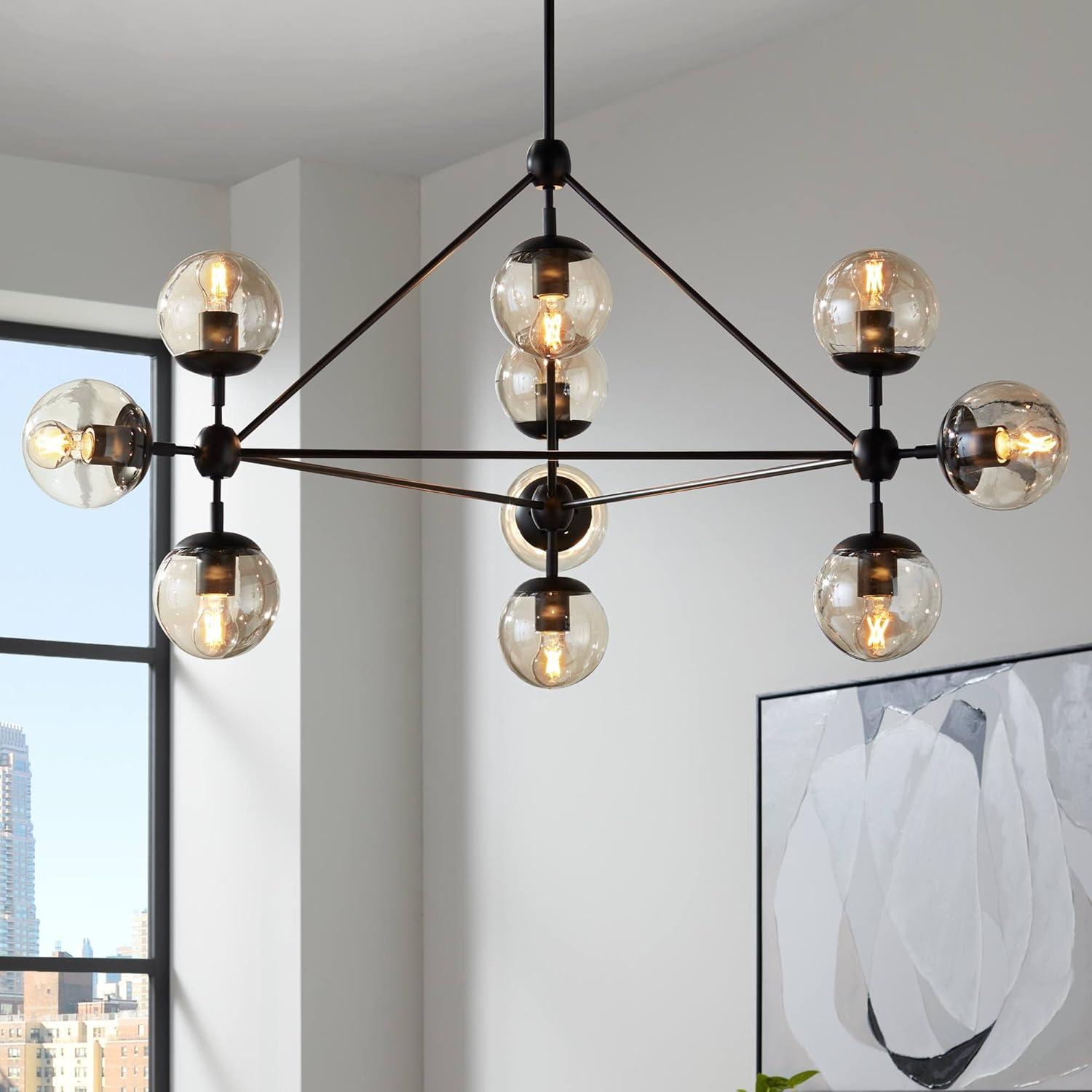 Possini Euro Design Gable Black Large Chandelier 41 1/2" Wide Mid Century Modern Cognac Glass Shade 10-Light Fixture for Dining Room Kitchen Island