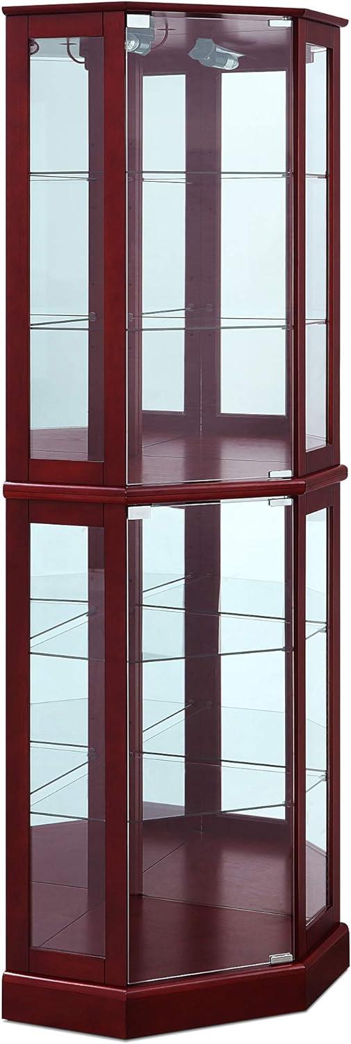 BELLEZE Ashfield Lighted Wood/Glass Curio Corner Cabinet Floor Standing, Cherry