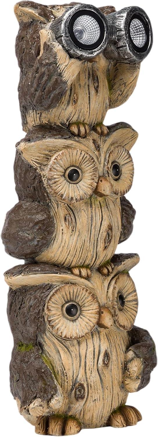 Solar Three Stacked Binocular Owls Polyresin Statue with LED Lights - Alpine Corporation: Garden Decor Sculpture with NiMH Battery