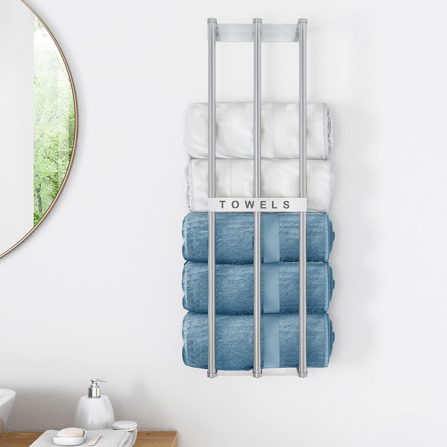 Bathroom Towel Storage Wall, Bethom Towel Rack for Bathroom Wall Mounted, Bath Towel Holder Wall Can Holds Up to 6 Large Rolled Towels, Brushed Nickel