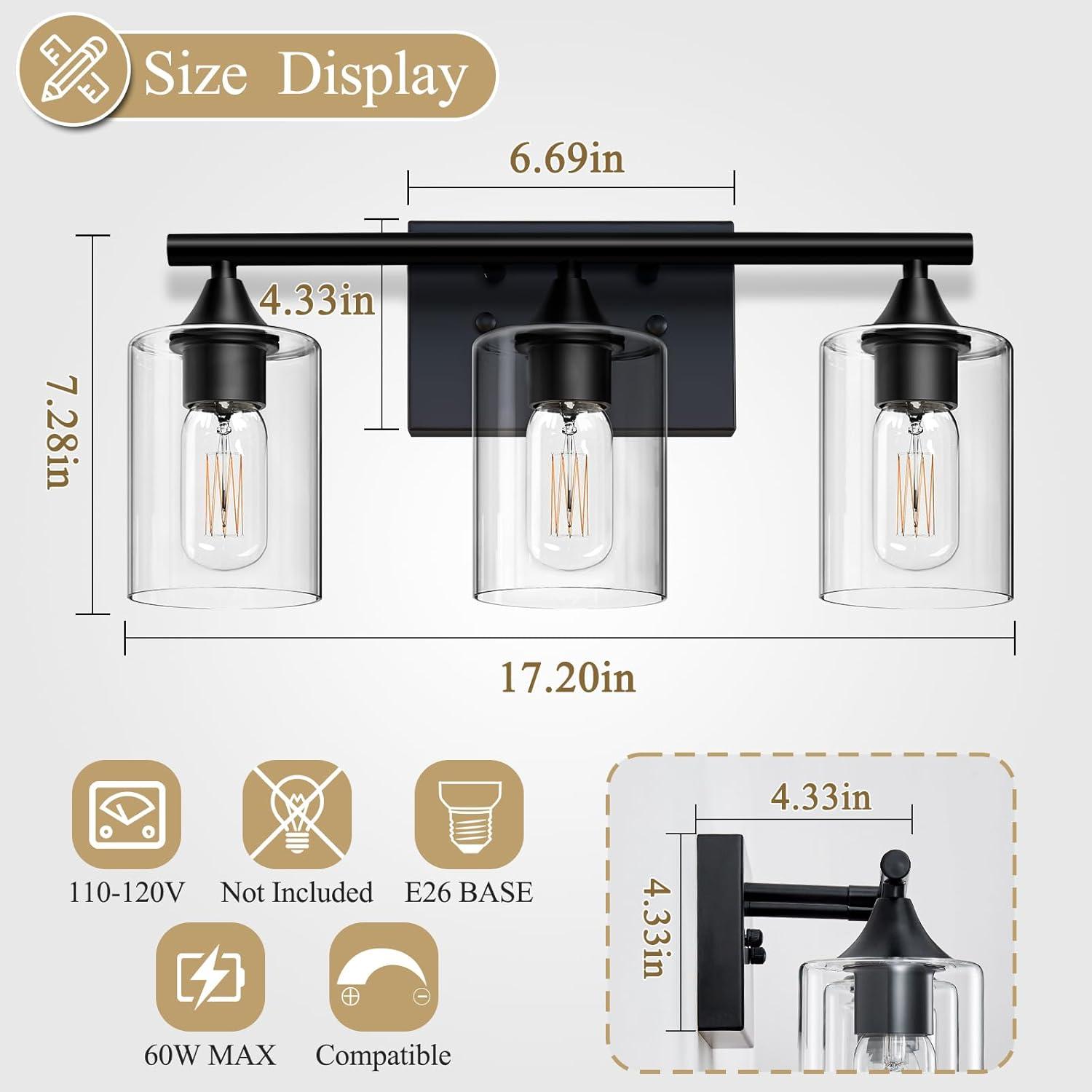 3-Light Bathroom Light Fixtures Bathroom Vanity Lights with Clear Glass Shades Matte Black Bathroom Light Fixtures over mirror for Mirror Living Room Cabinet Bedroom Porch