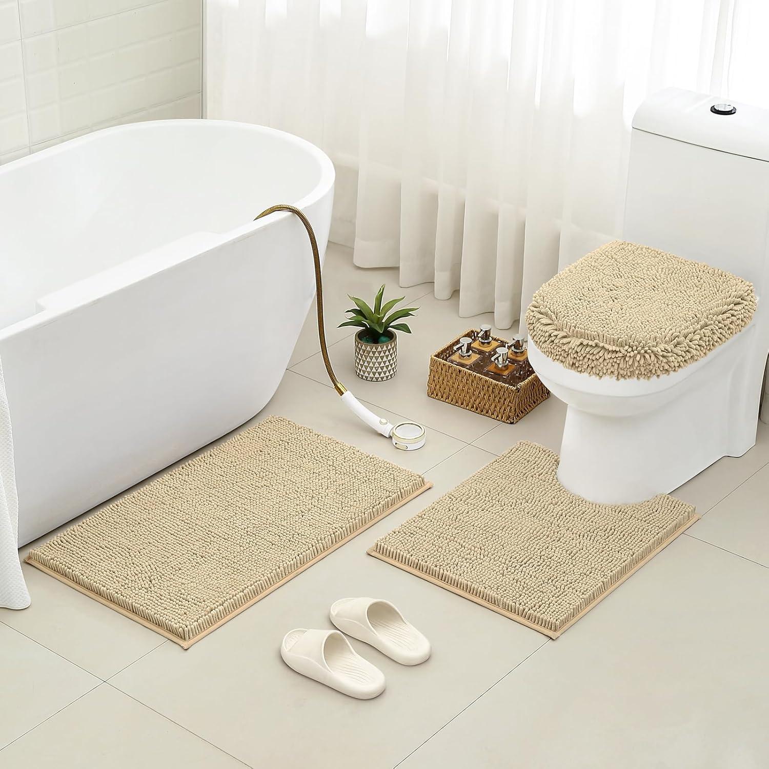 HOMEIDEAS 3 Pieces Beige Bathroom Rugs Set, Ultra Soft Non Slip Bath Rug and Absorbent Chenille Bath Mat, Includes U-Shaped Contour Rug, Bath Mat and Toilet Lid Cover, Perfect for Bathroom, Tub